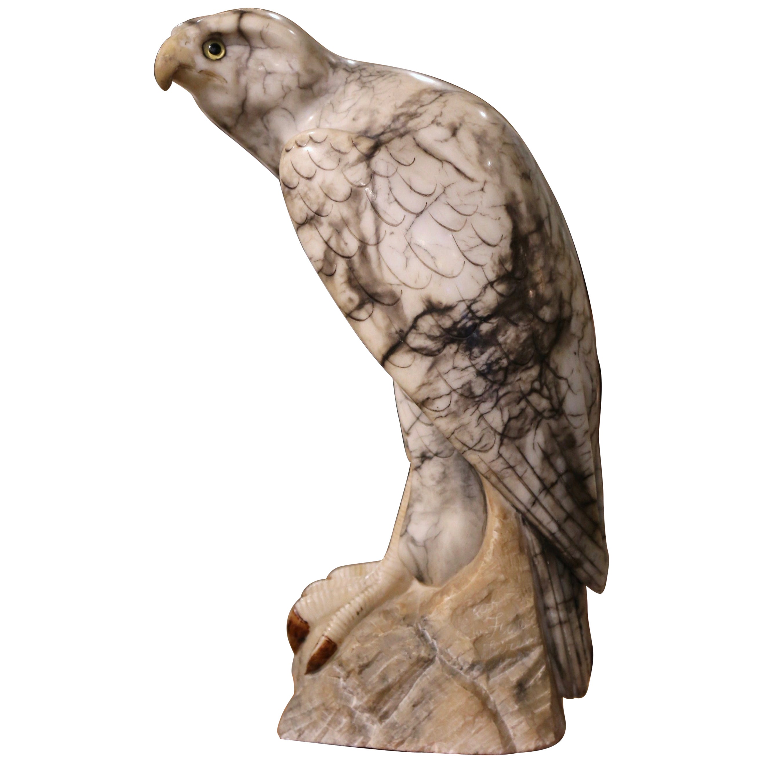19th Century French Carved Variegated Marble Eagle Sculpture with Glass Eyes For Sale