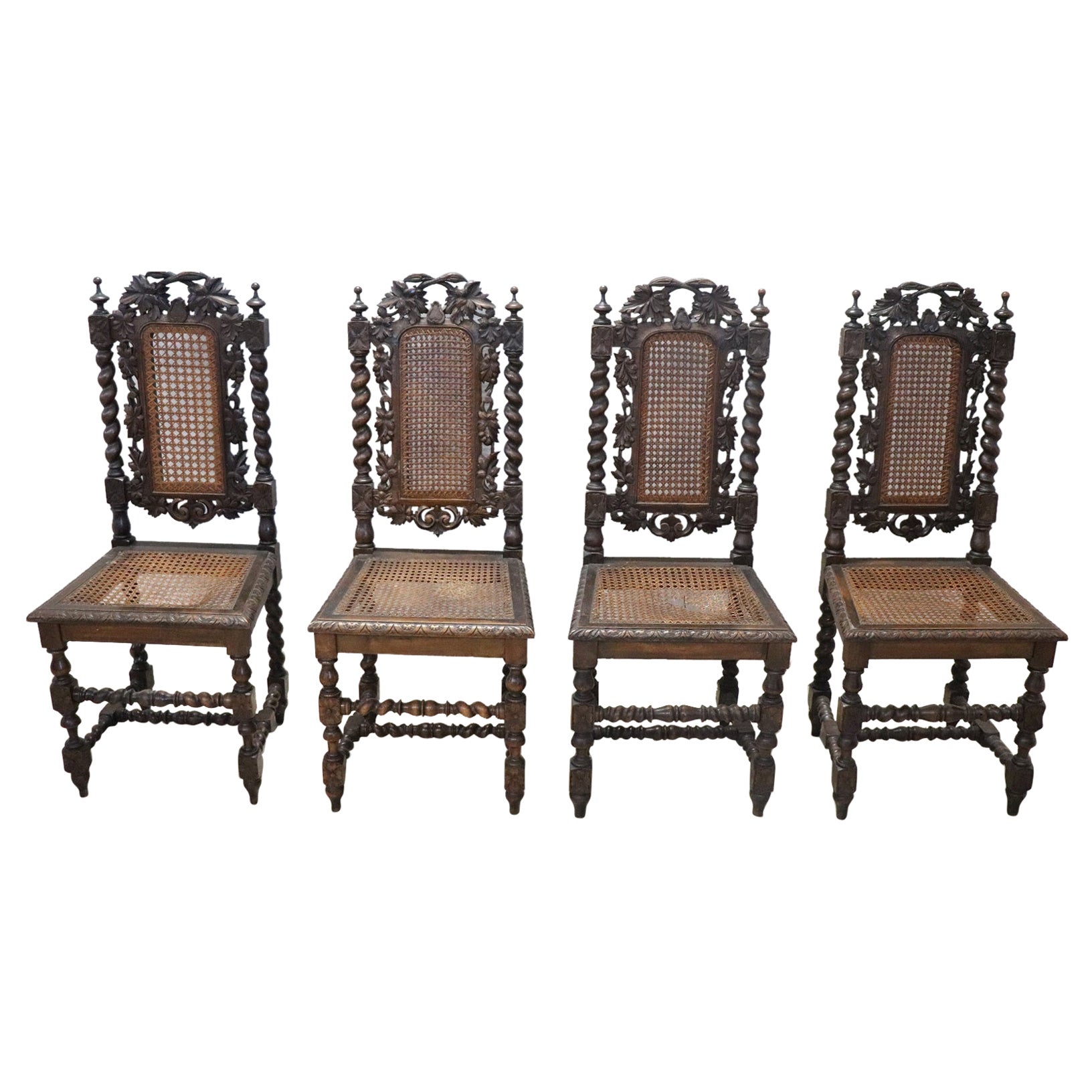 19th Century Italian Carved Walnut Dining Chairs with Vienna Straw, Set of 4 For Sale