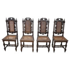 Chaises de salle à manger en noyer sculpté du XIXe siècle avec paille de Vienne, ensemble de 4