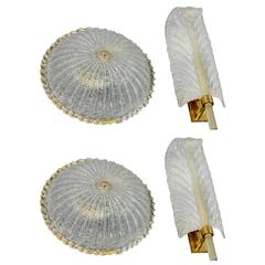 Pair of Shimmery Gold Leaf Wall and Ceiling Lights by Barovier and Toso