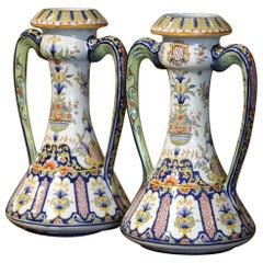 Pair of 19th Century French Hand Painted Faience Vases from Rouen