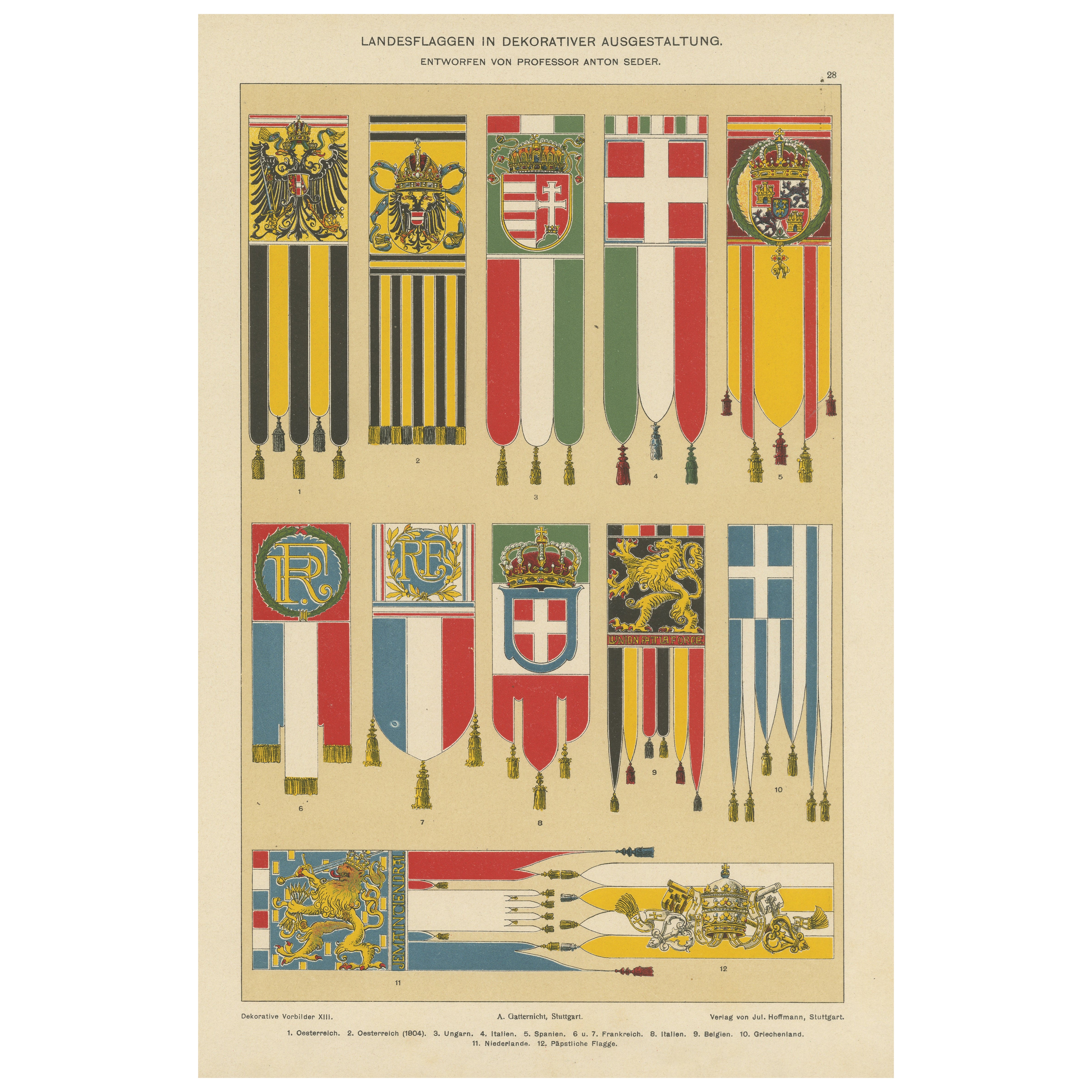 Chromolithographie avec drapeaux d'Autriche, de Hongrie, d'Italie et d'autres pays
