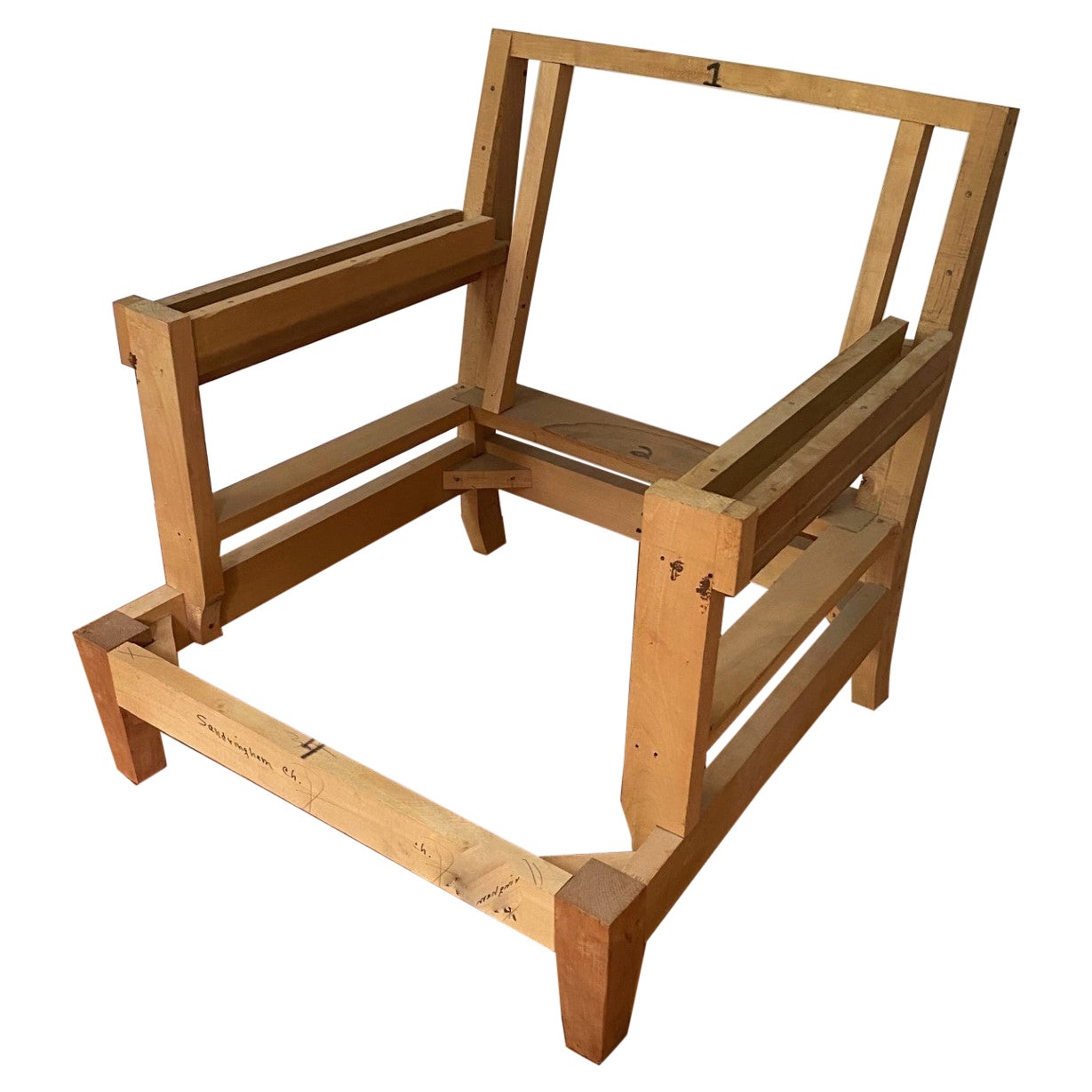 New Kiln-Dried Maple Lawson Style Lounge Chair Frame with Mahogany Legs. For Sale