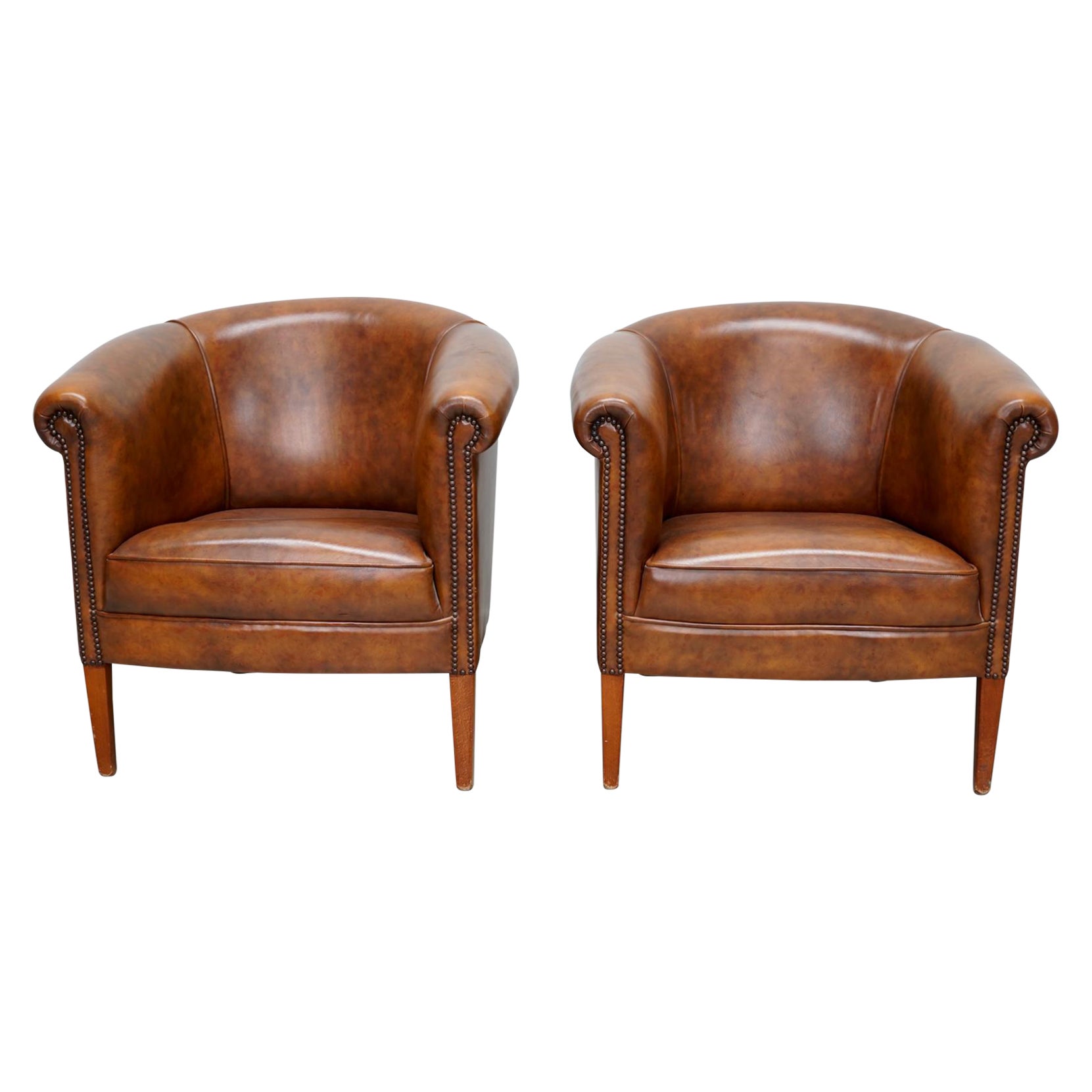 Vintage Dutch Cognac Colored Leather Club Chair, Set of 2