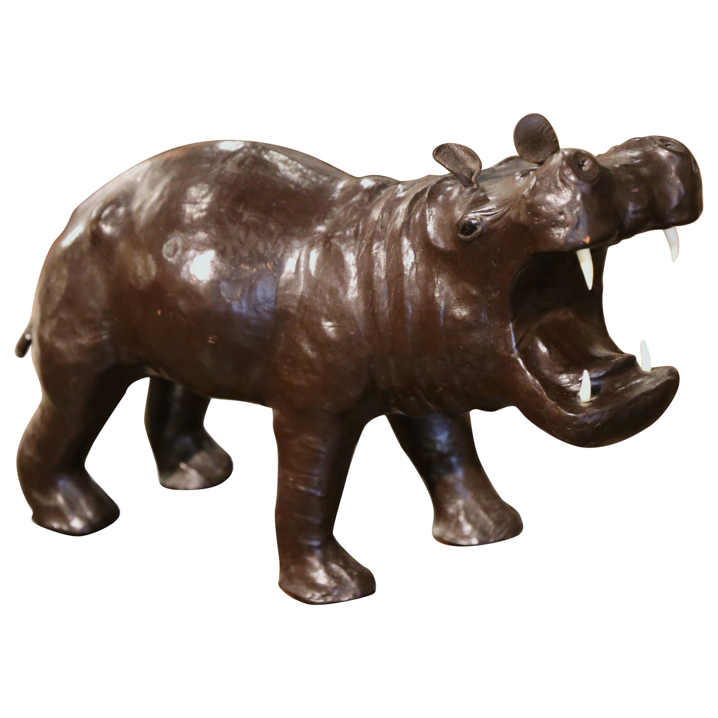 Early 20th Century French Carved Patinated Leather Hippo Sculpture