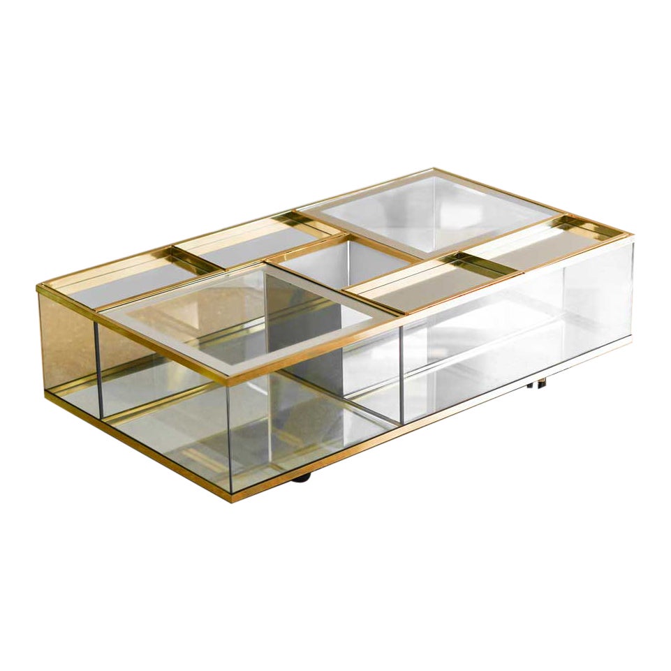 Brass, glass and mirrored glass coffee table with removable trays, 1970 For Sale