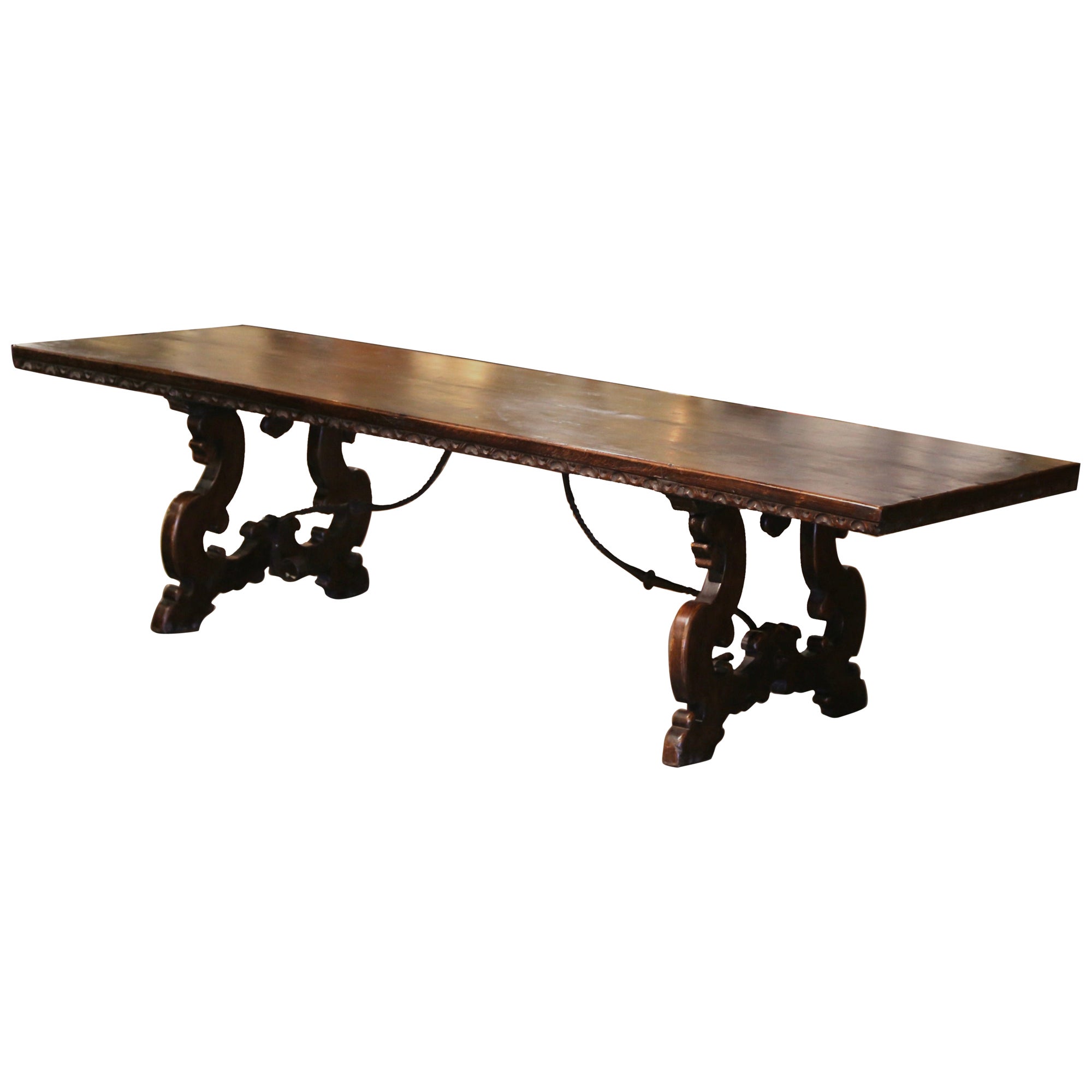 19th Century Italian Baroque Carved Walnut and Wrought Iron Trestle Dining Table