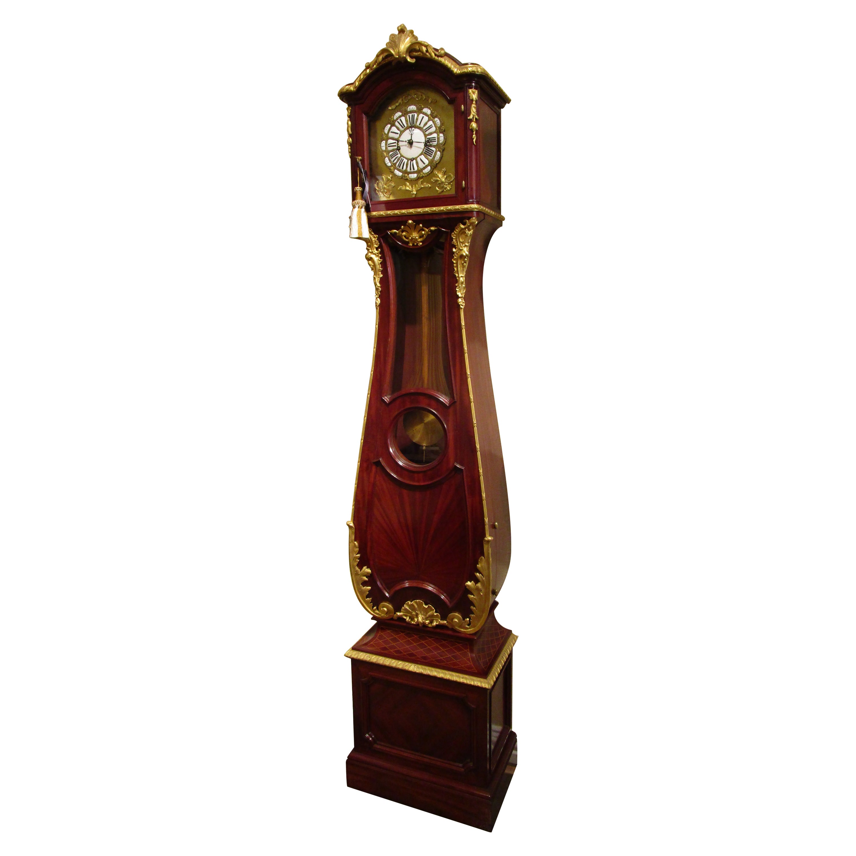 A  19th c French mahogany  and parquetry inlaid Grandfather clock. Gilt bronze For Sale