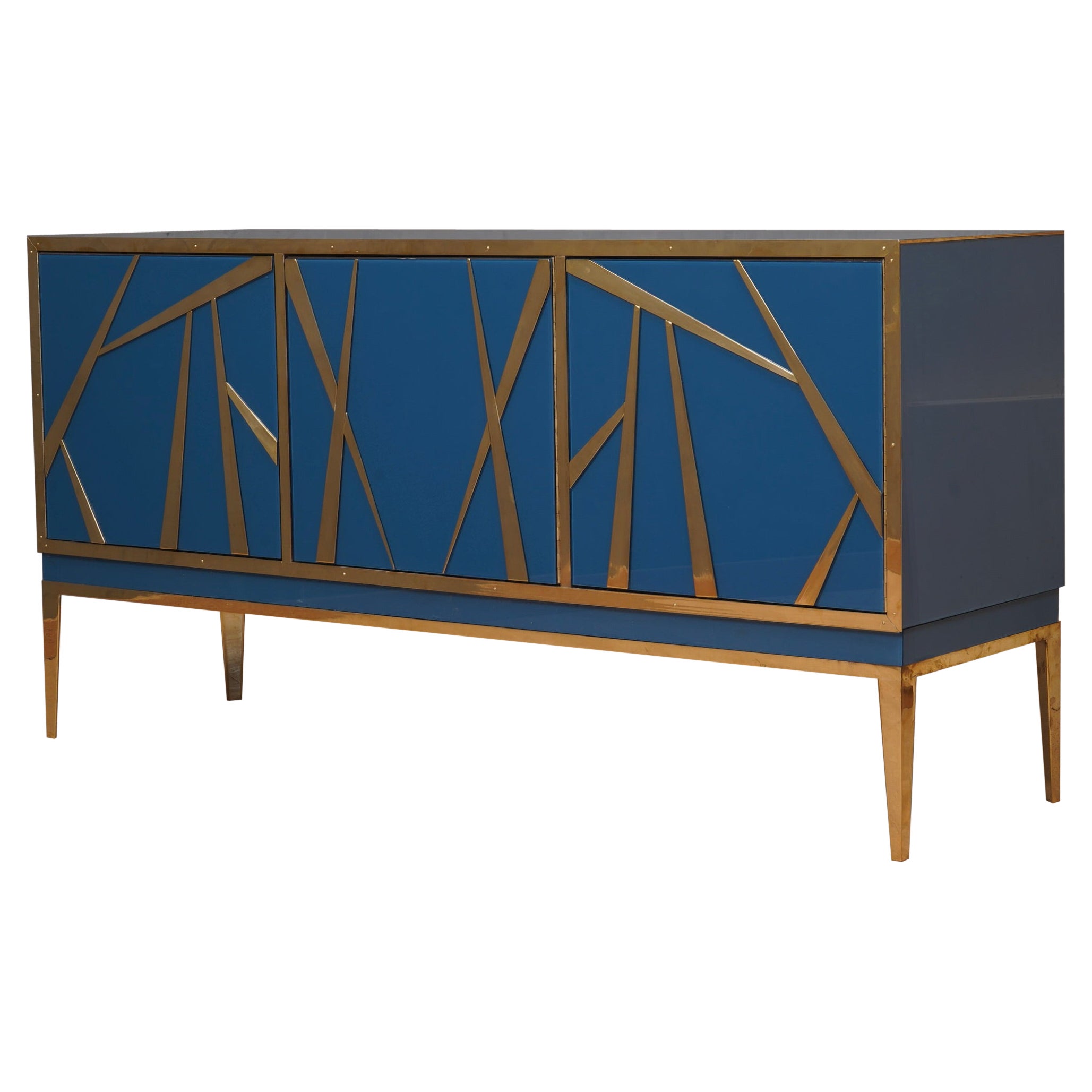 Blu Glass and Brass Italian Credenza Sideboard , 2000 For Sale