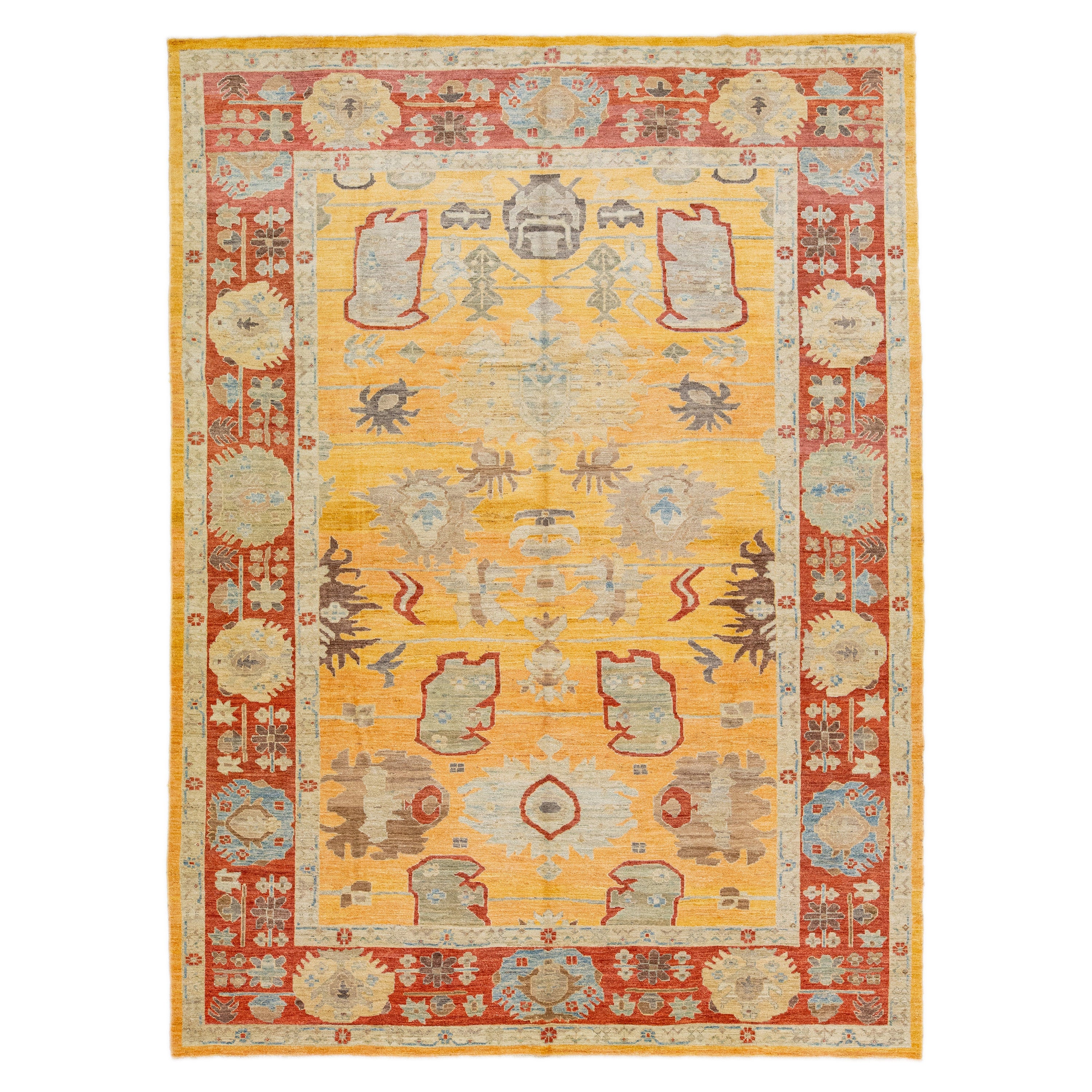 Modern Sultanabad Wool Rug Handmade In Yellow With Allover Design  For Sale