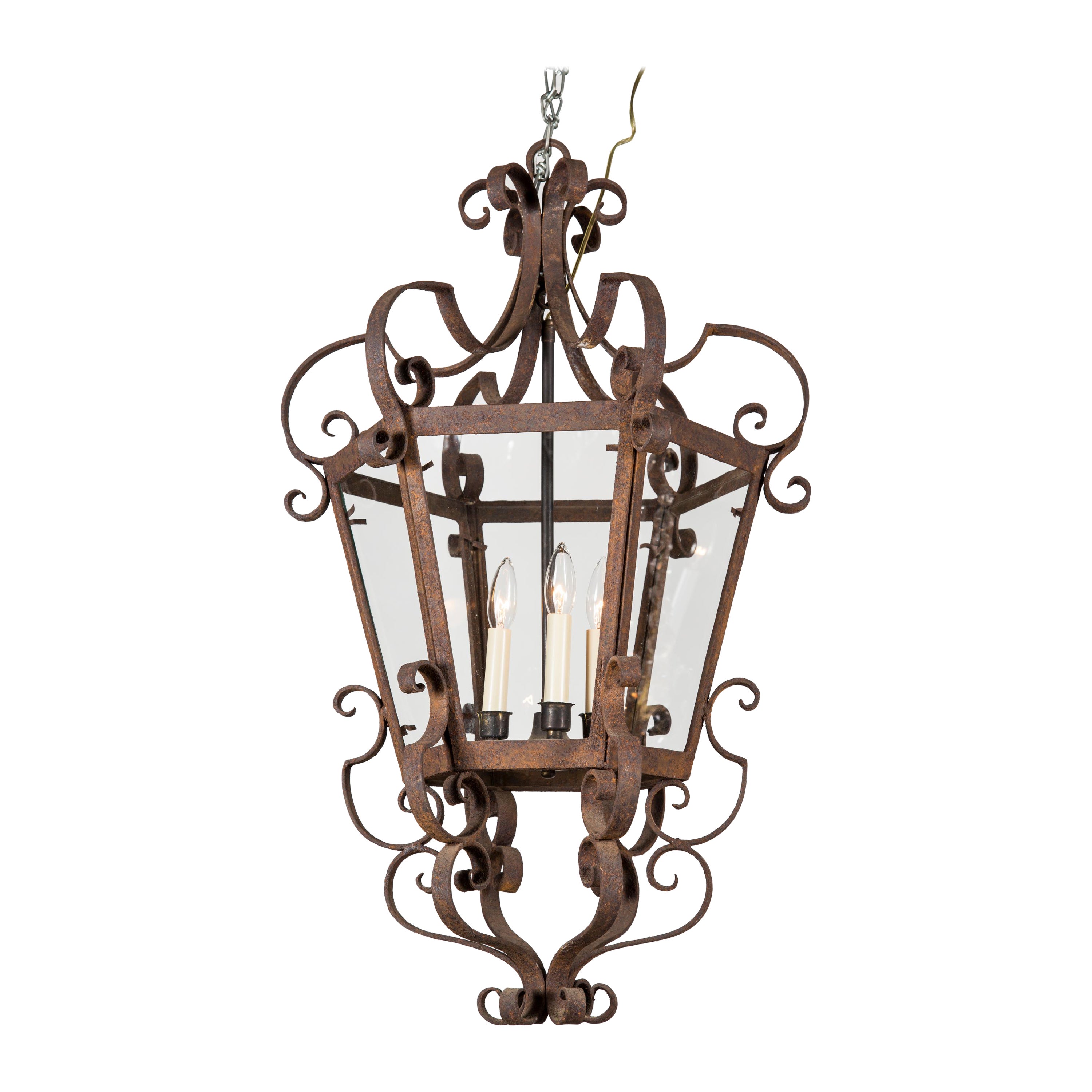 French Hexagonal Wrought Iron Hanging Lantern, 19th Century For Sale