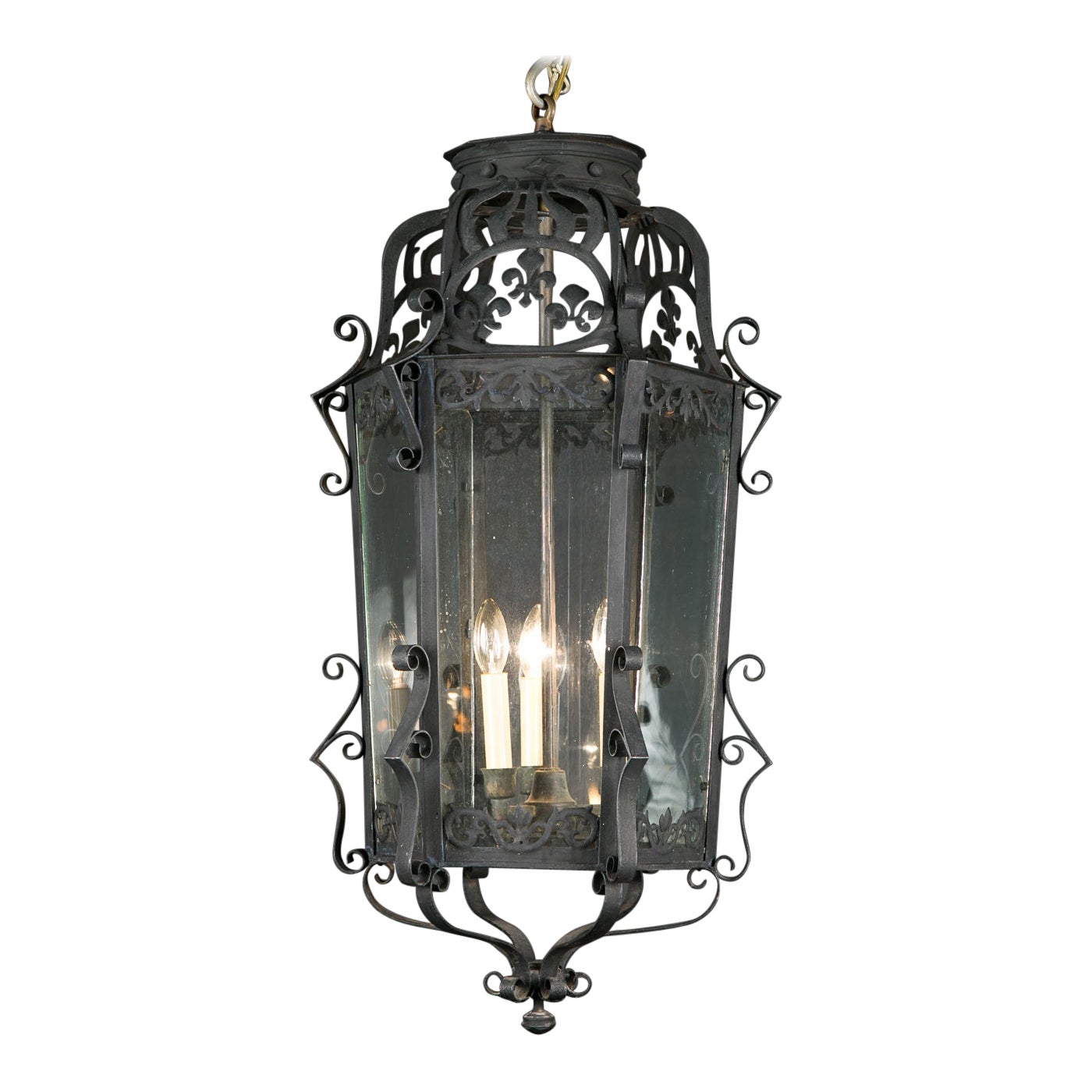 French 19th Century Iron Hanging Lantern with Groups of Fleur De Lis at Top