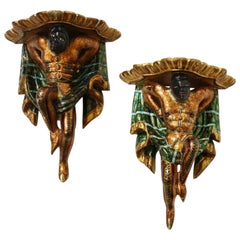 Pair of Venetian Polychrome and Gilt Moor Figural Wall Brackets