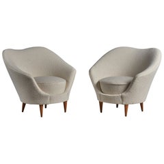 Federico Munari, Lounge Chairs, Walnut, Fabric, Italy, 1950s