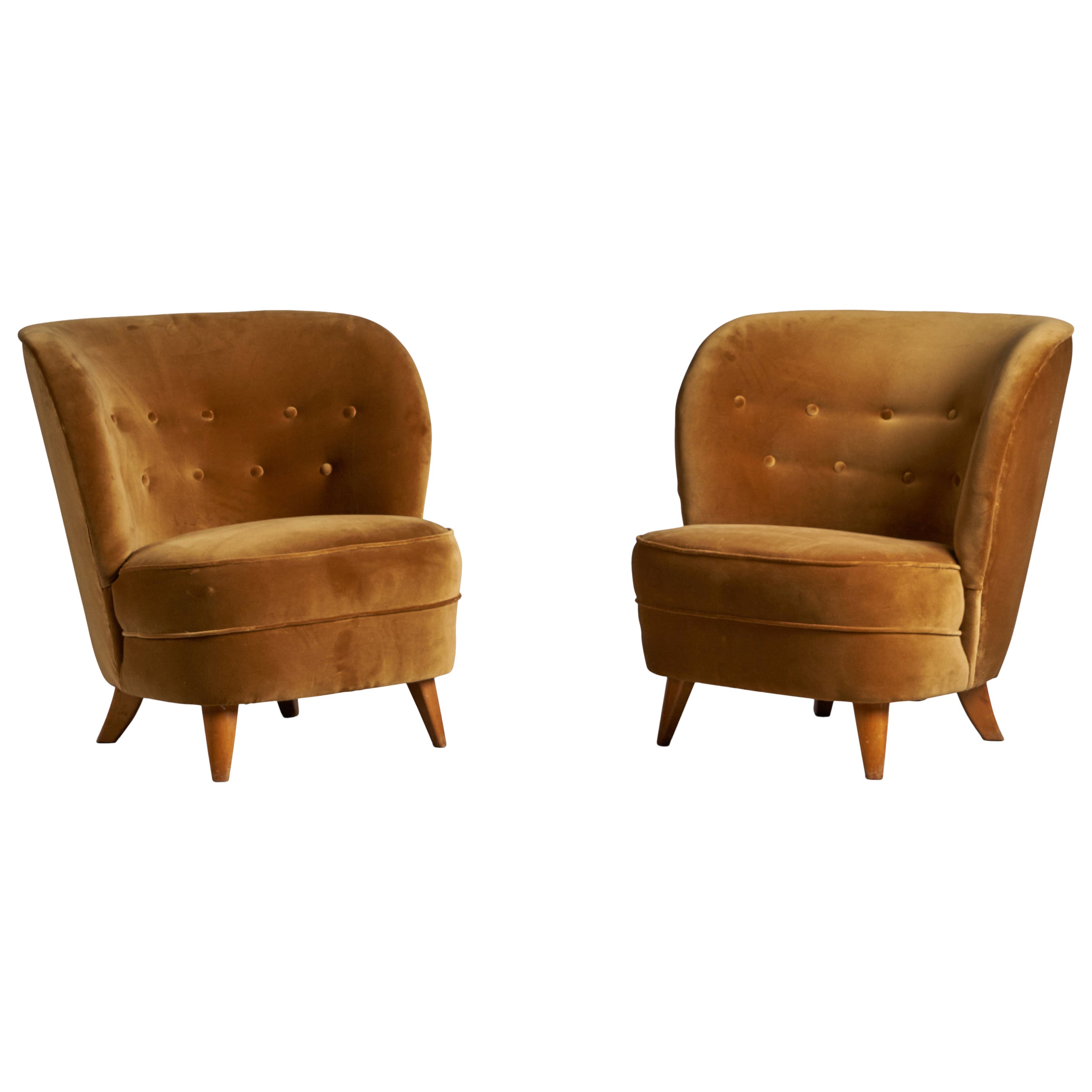Tor Wolfenstein, Lounge Chairs, Wood, Velvet, Sweden, 1940s