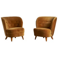 Tor Wolfenstein, Lounge Chairs, Wood, Velvet, Sweden, 1940s