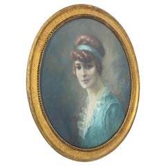 Antique French Pastel Painting "Female Portrait" signed J.Pline 1924