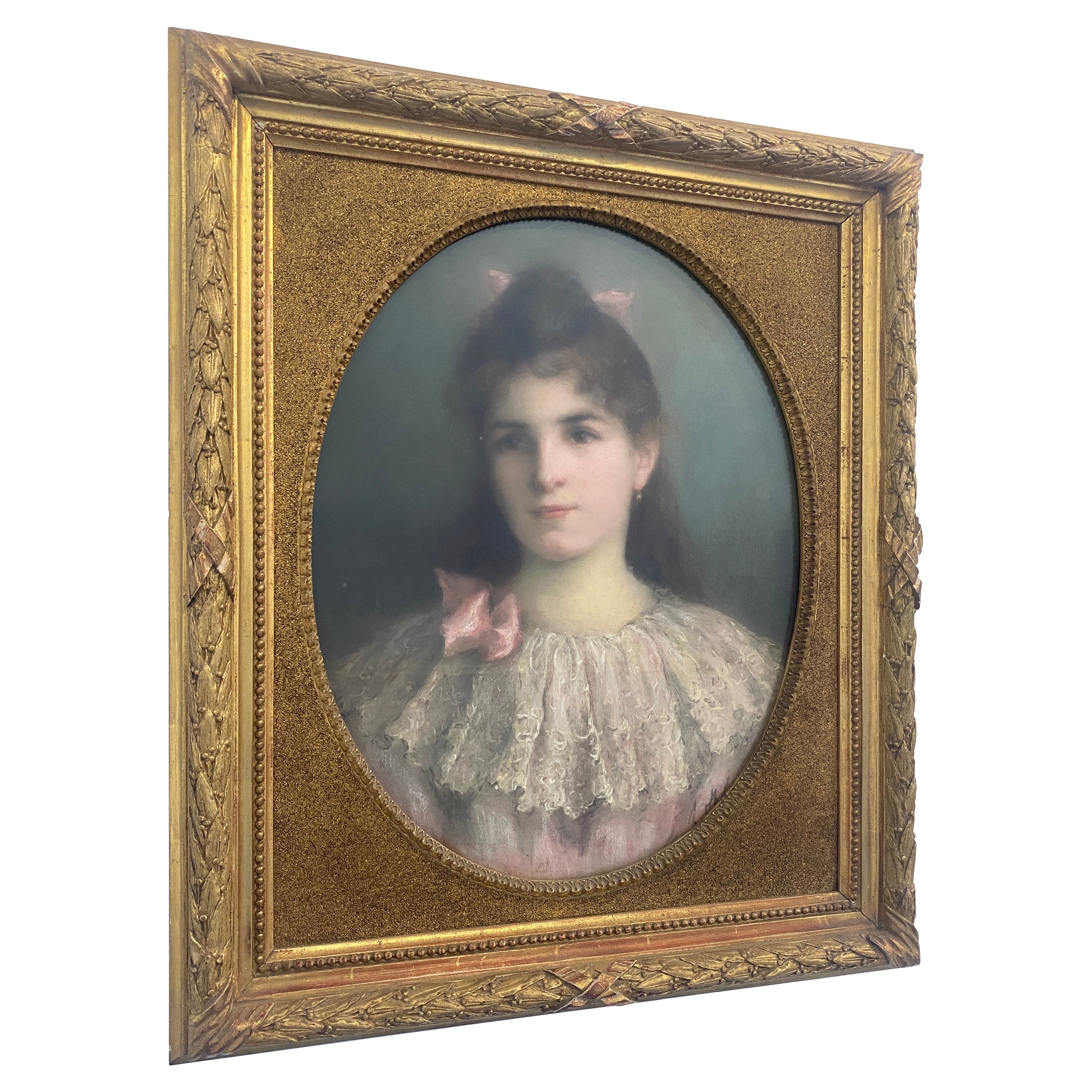 Antique pastel painting "Portrait of a little girl" signed, France 1899 For Sale