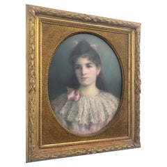 Antique pastel painting "Portrait of a little girl" signed, France 1899