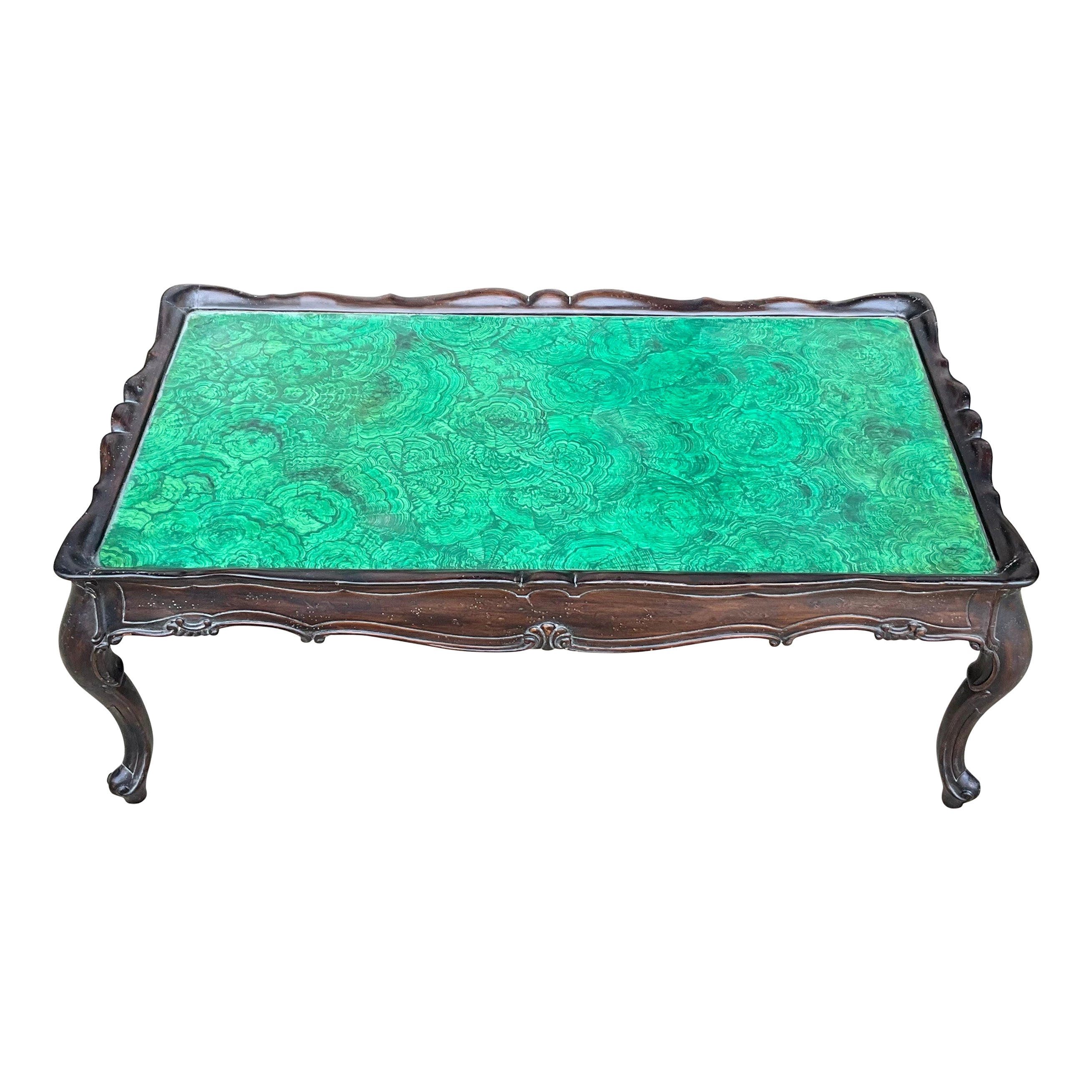 1960s Hollywood Regency Italian Rococo Style Faux Malachite Coffee Table  For Sale