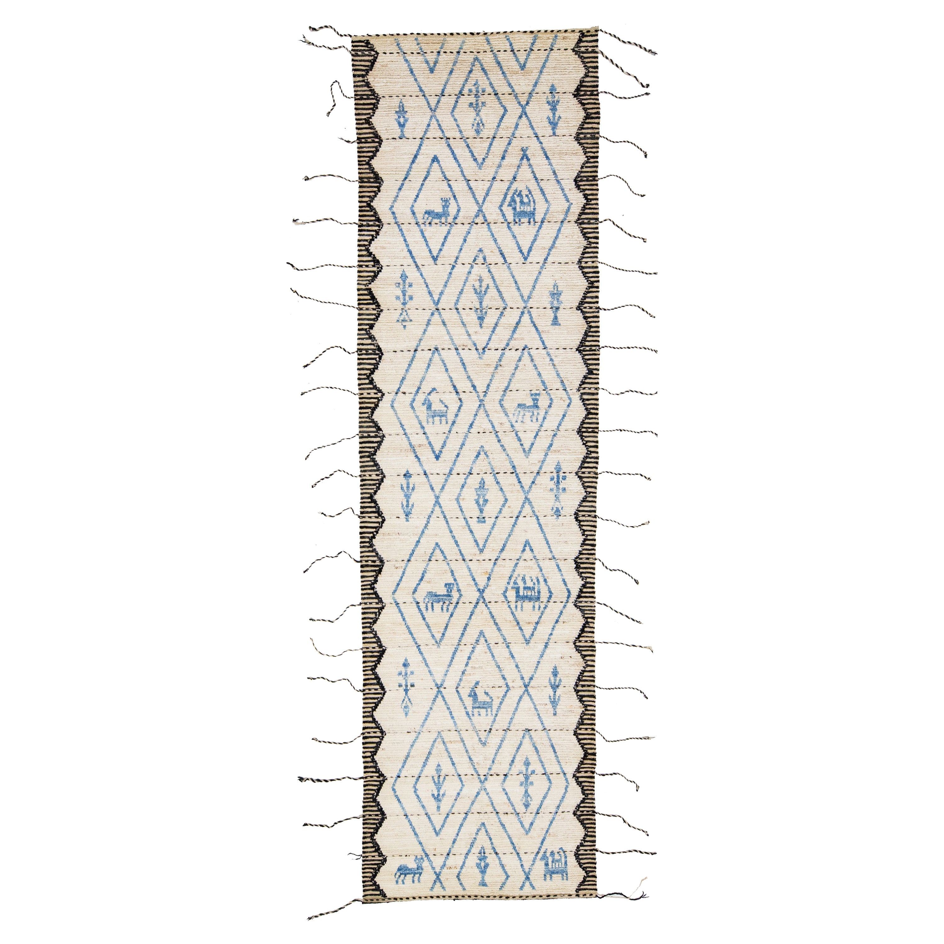 Modern Beige Moroccan Style Wool Runner With Blue Tribal Motif For Sale