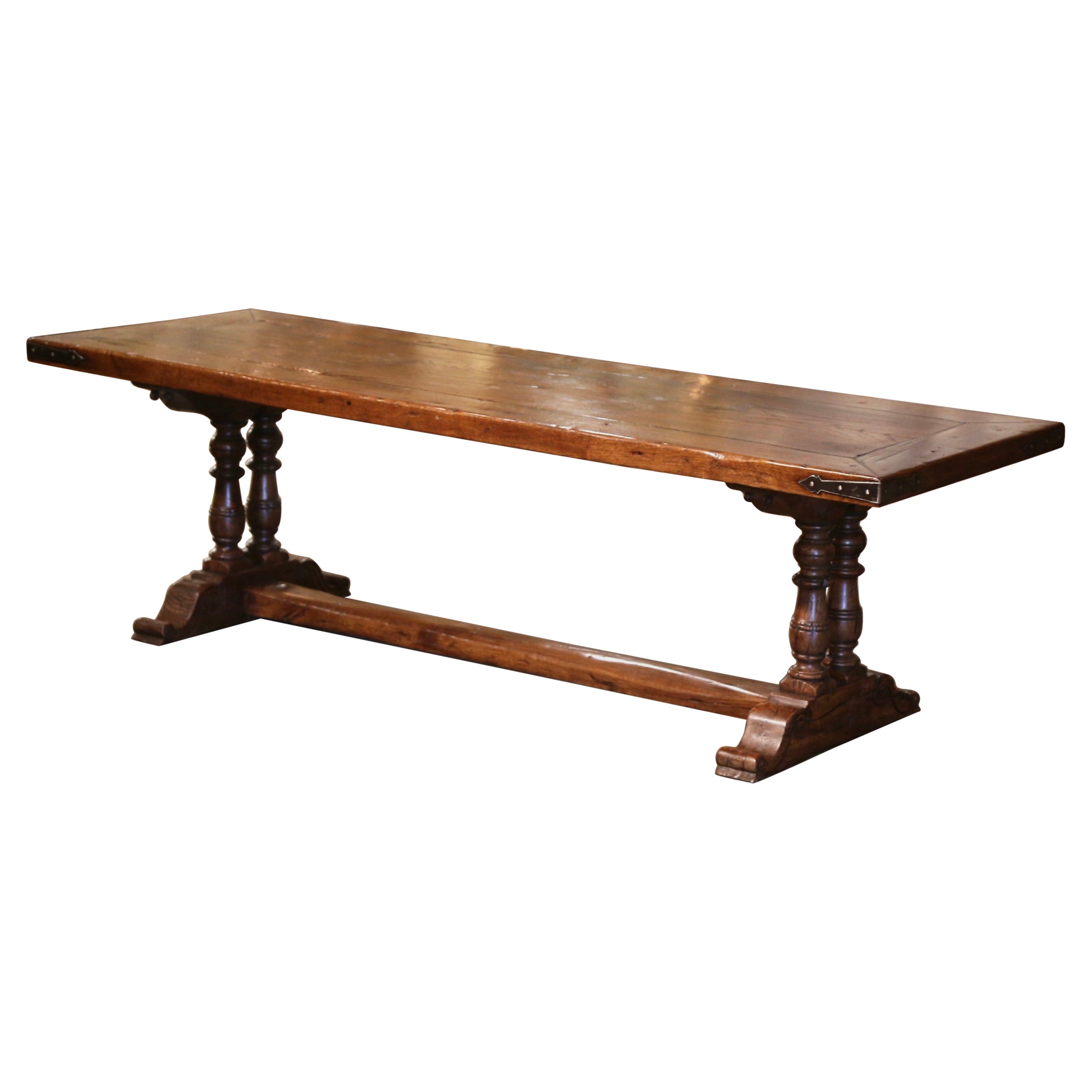 Vintage French Carved Chestnut & Oak Trestle Dining Table from the Pyrenees For Sale