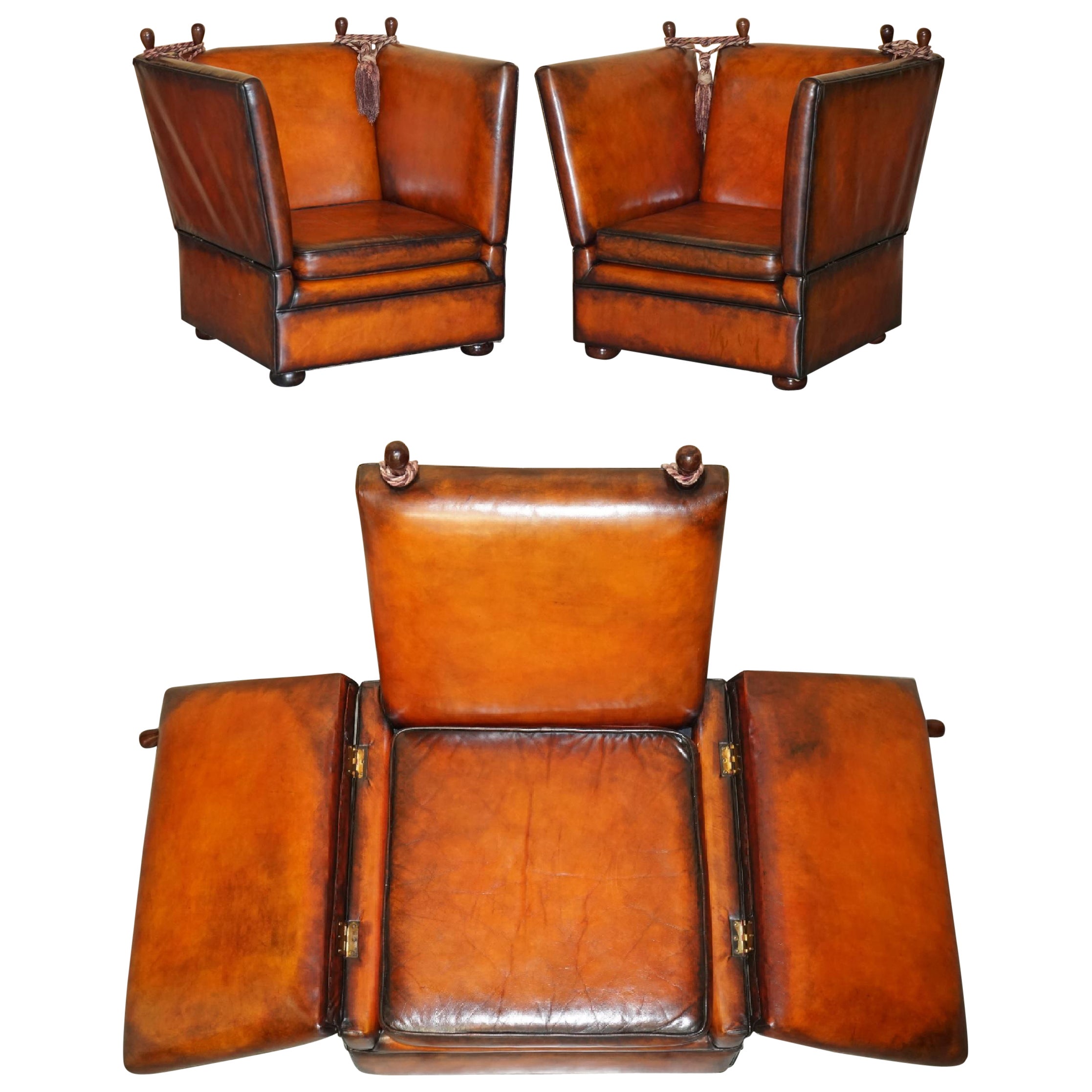 UNIQUE PAIR OF ENGLISH FULLY RESTORED KNOLL DROP ARM BROWN LEATHER ARMCHAIRs