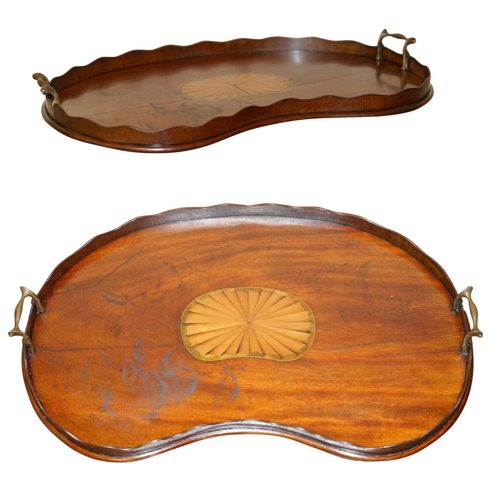 ANTIQUE CiRCA 1880 SHERATON REVIVAL SATINWOOD WALNUT SERVING TRAY BRONZE HANDLEs For Sale