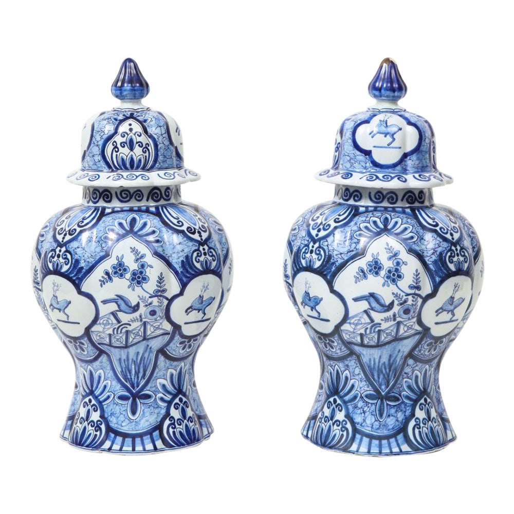 Pair of Large Delft Covered Vases For Sale