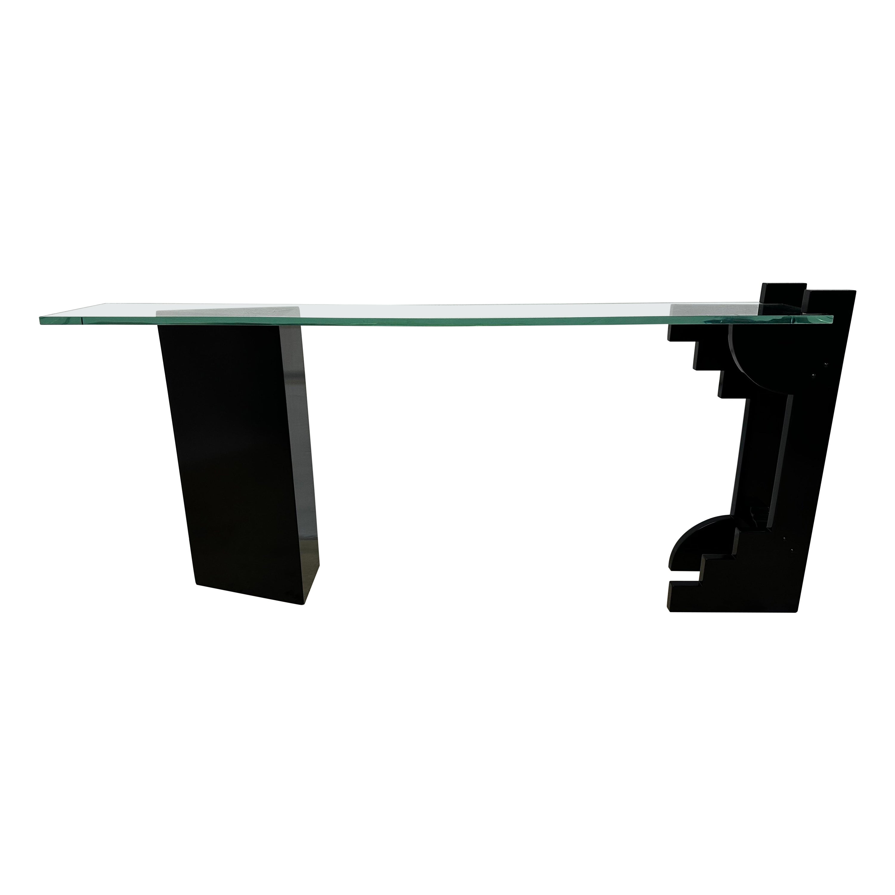Post Modern Black Lacquered Glass Top Console Table, 1980s