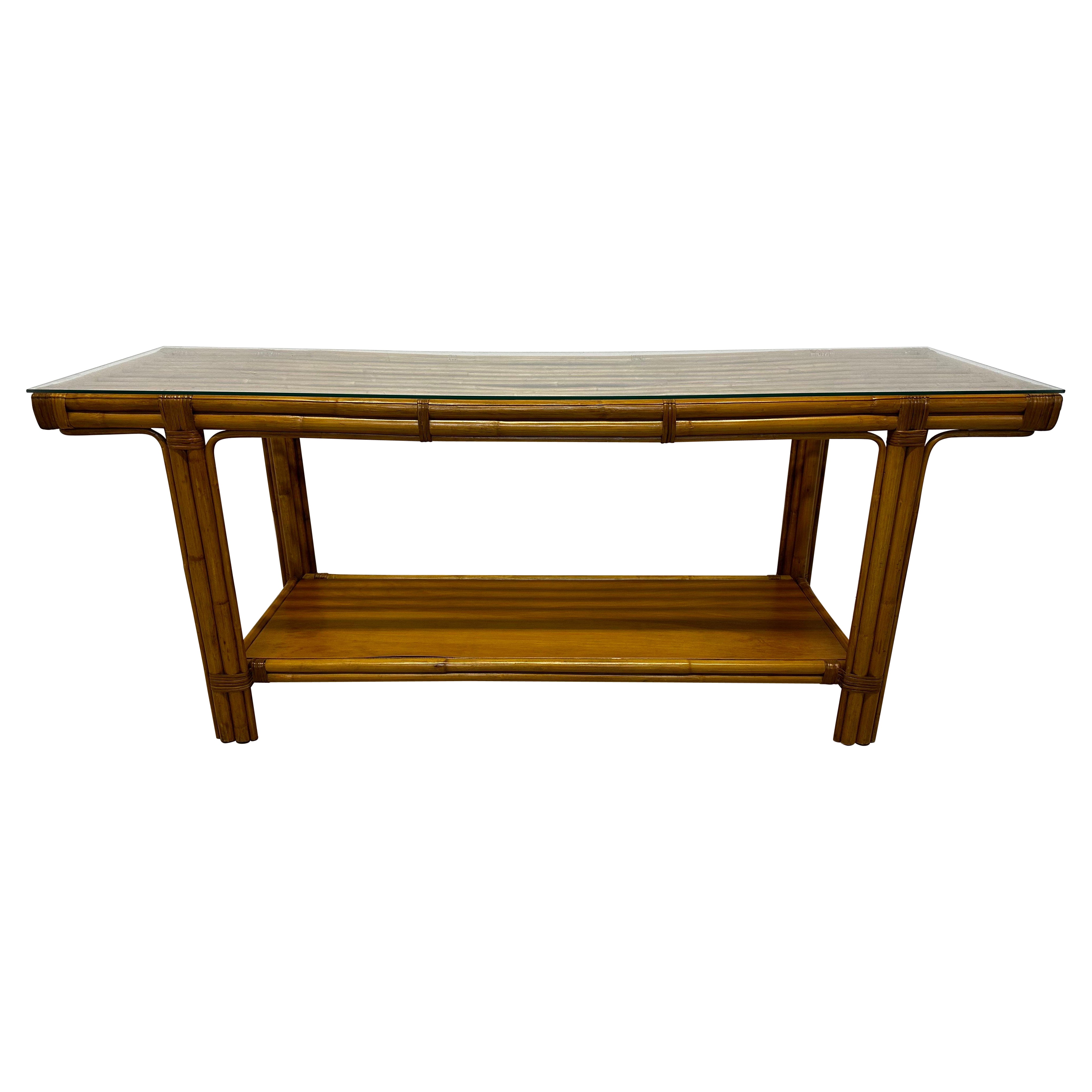Mid-Century Calif-Asia Bamboo and Glass Top Console Table, 1970s For Sale