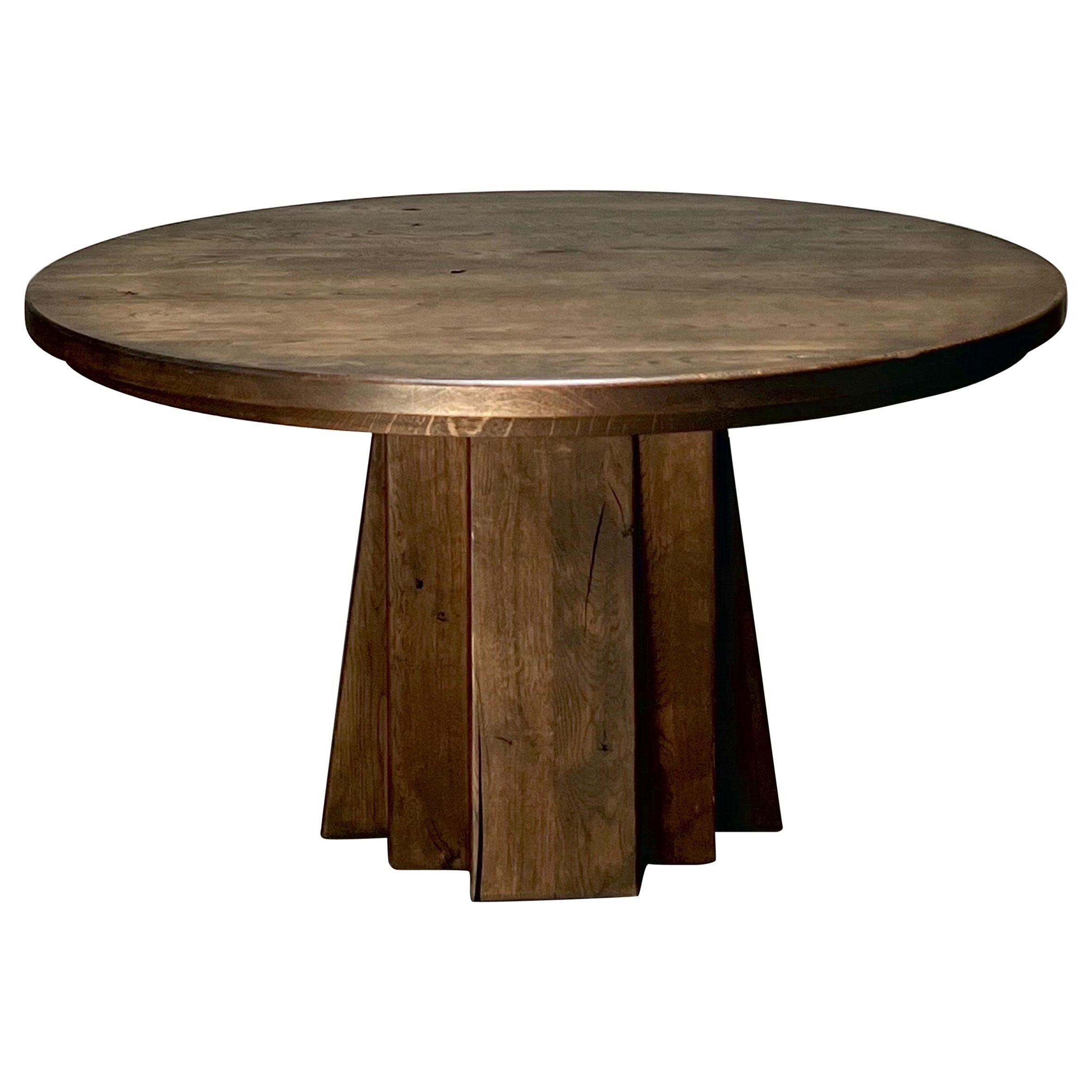 140 cm French Brutalist massive stained Oak Dining Table, round, Handmade