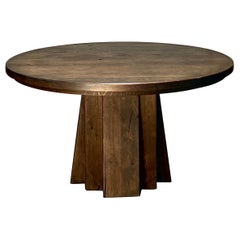 140 cm French Brutalist massive stained Oak Dining Table, round, Handmade