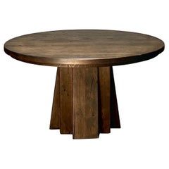 Retro 140 cm French Brutalist massive stained Oak Dining Table, round, Handmade