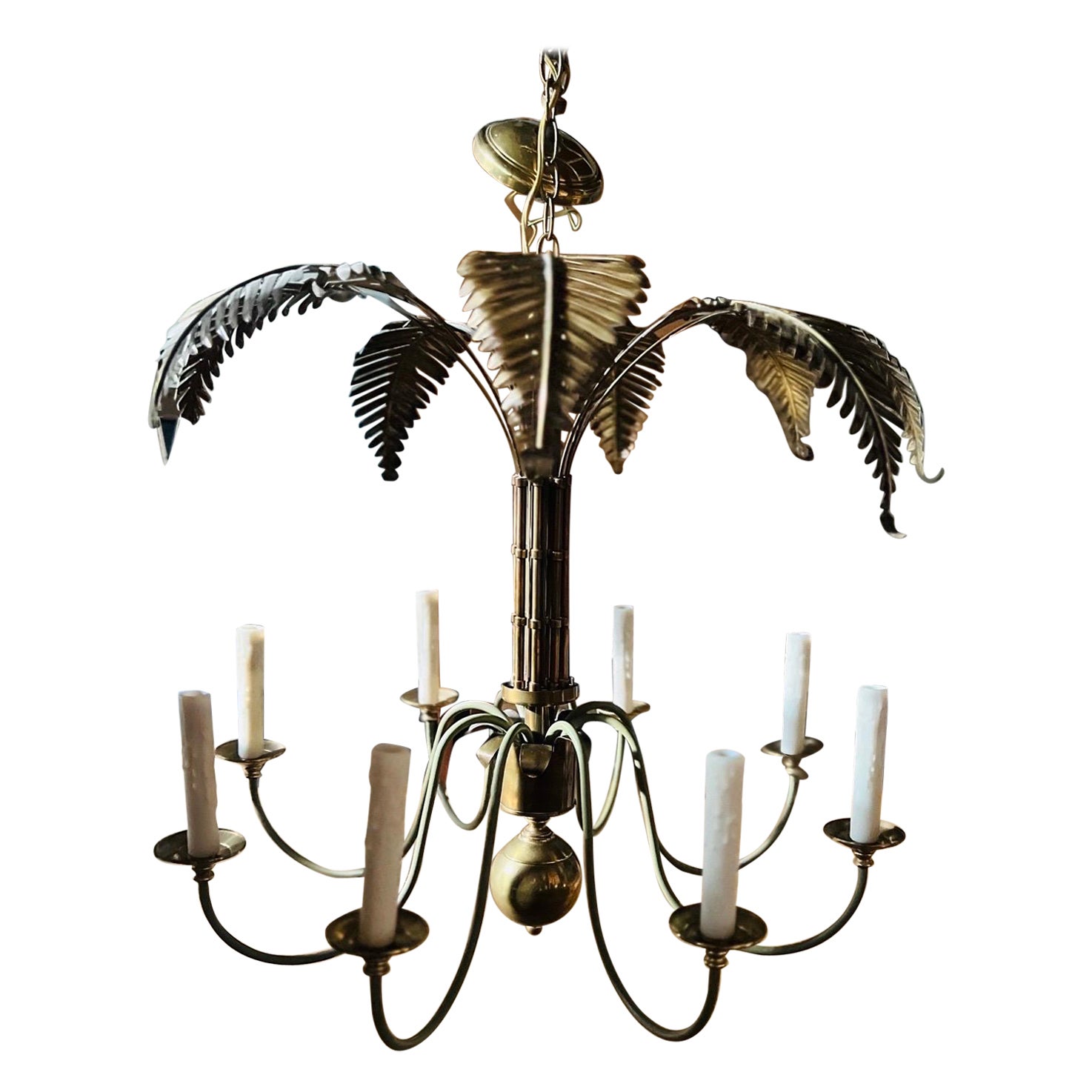 Vintage Brass Palm Frond Leaf Tree 8 Light Chandelier Faux Bamboo Palm Beach For Sale