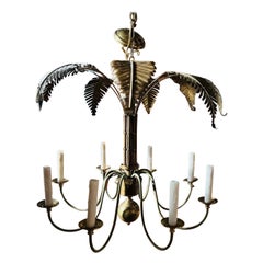 Vintage Brass Palm Frond Leaf Tree 8 Light Chandelier Faux Bamboo Palm Beach