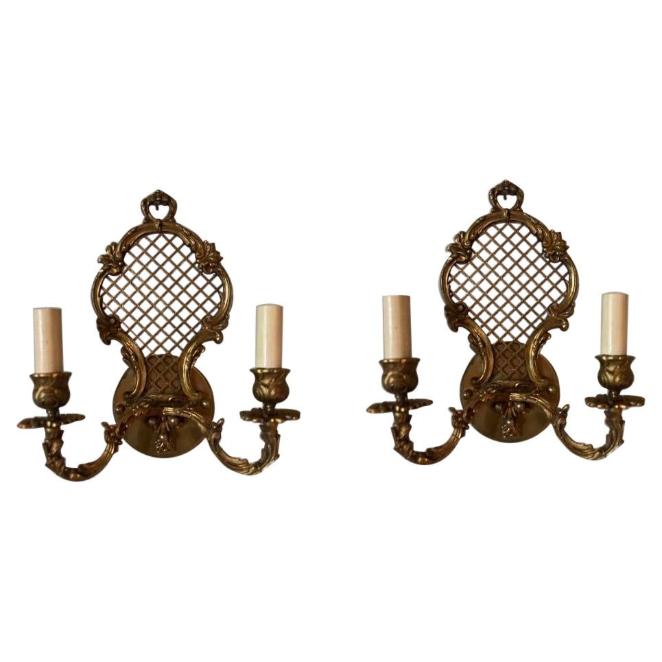 Pair, French Gilt Bronze Pierced Fishnet Two-Light Wall Sconces 