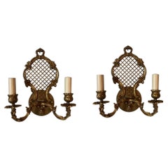 Vintage Pair, French Gilt Bronze Pierced Fishnet Two-Light Wall Sconces 