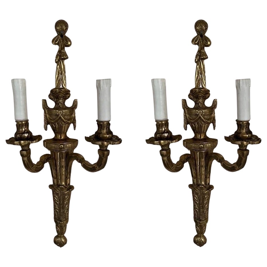 Pair, Vintage Italian Gilt Bronze Two-Light Wall Sconce For Sale