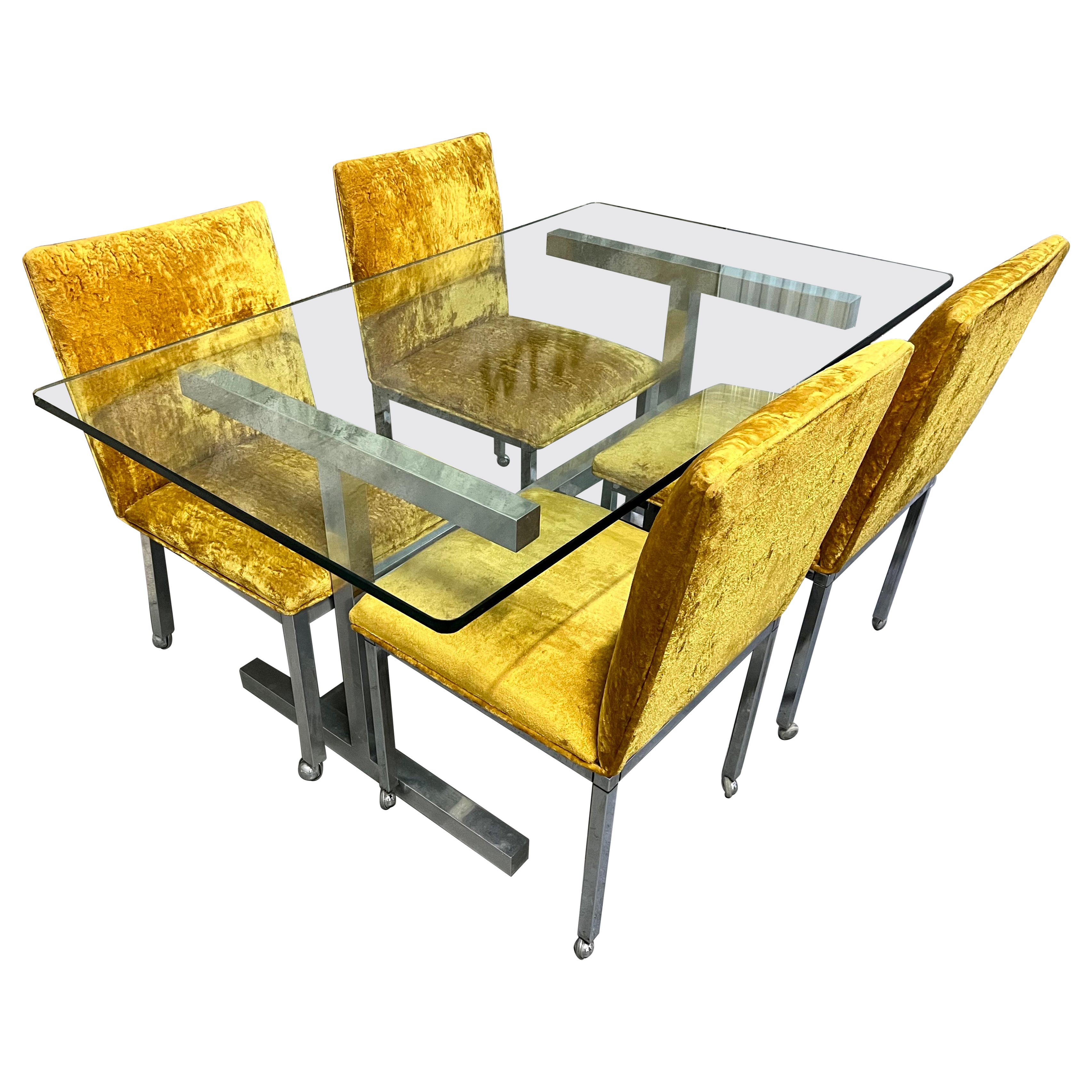 1970s Mid Century Modern Chrome Dining Room Set in the Milo Baughman Style. For Sale