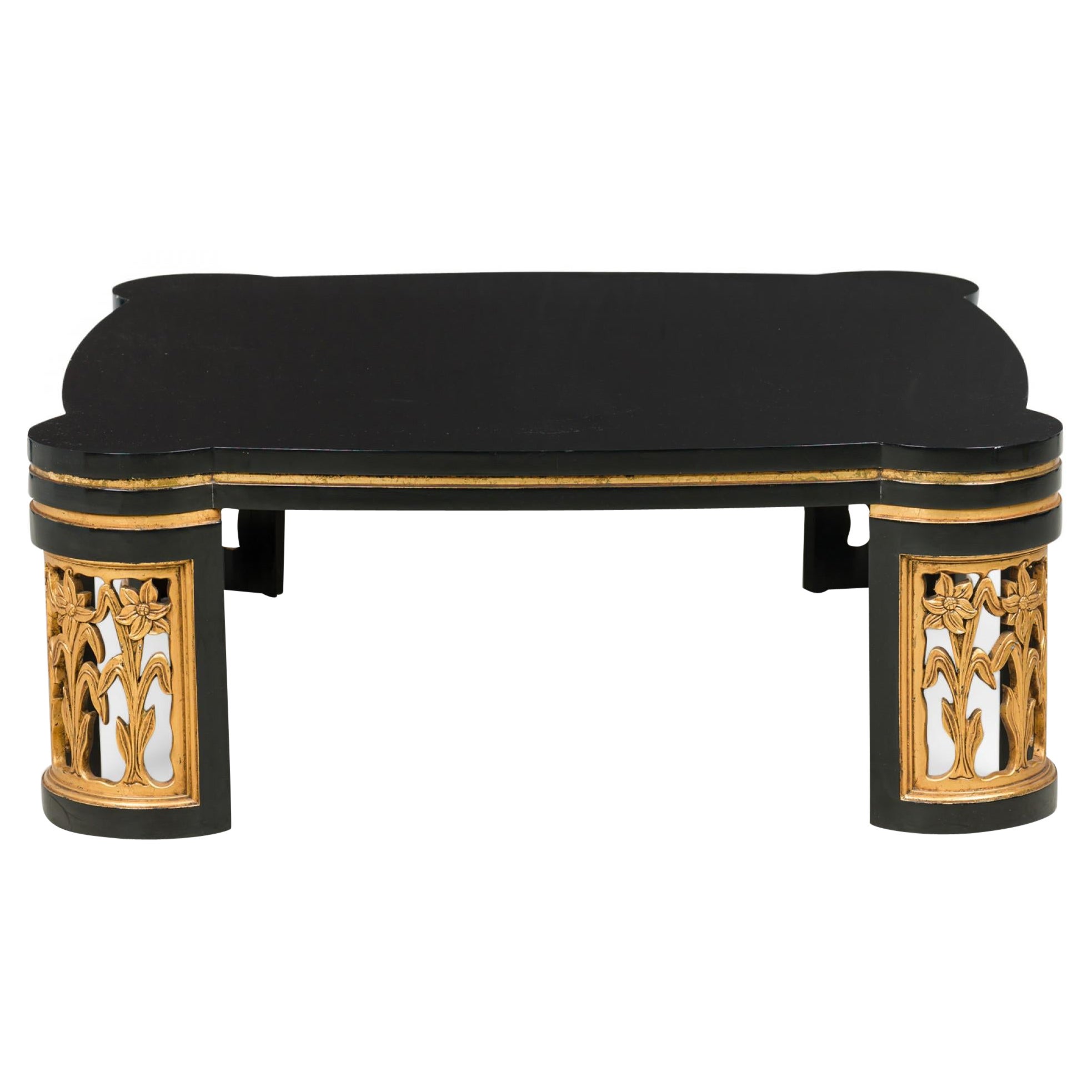 American Black Lacquer Floral Parcel Gilt Low / Coffee Table, Attributed to Jame