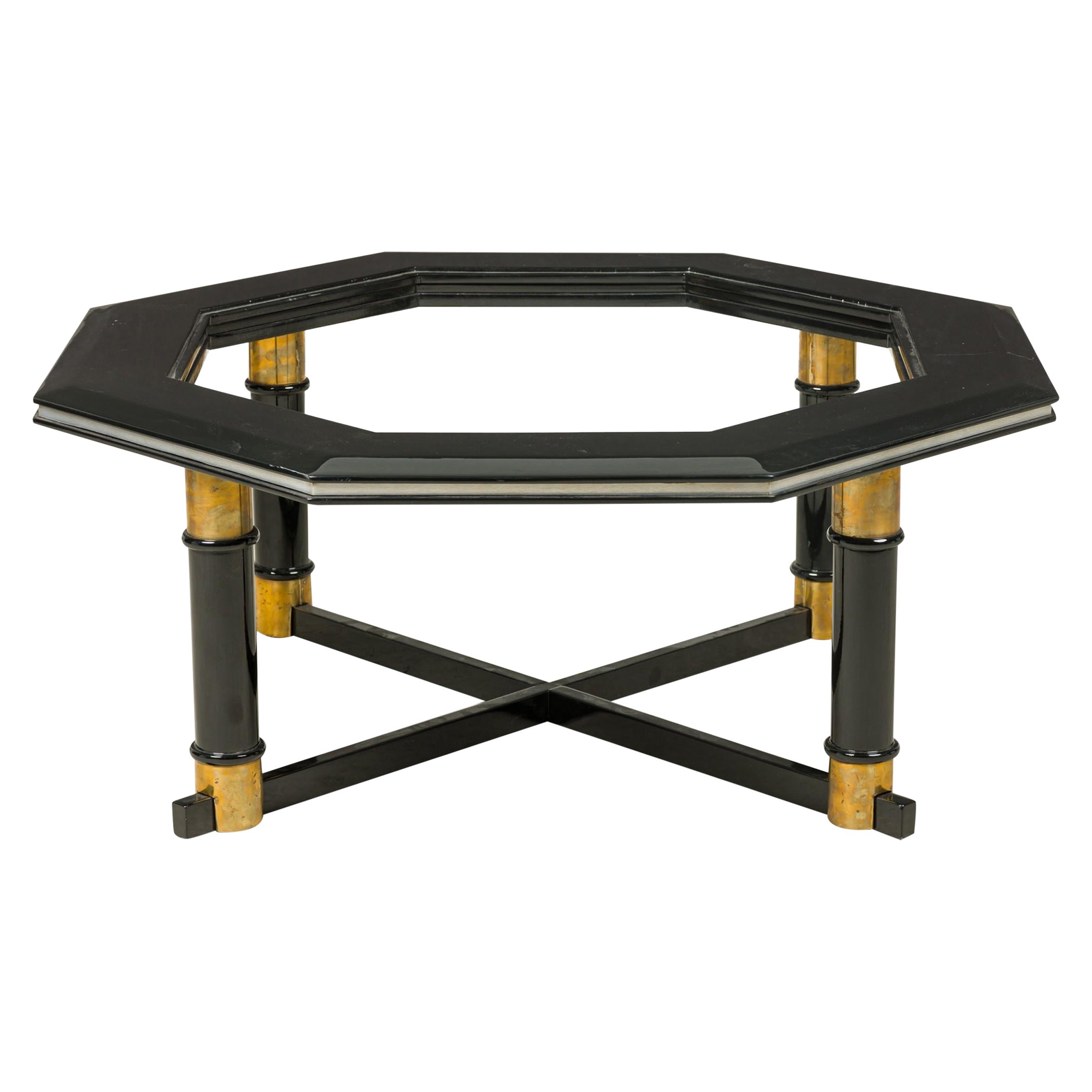 James Mont Americna Black Lacquer and Brass Octagonal Low Coffee Table Frame For Sale