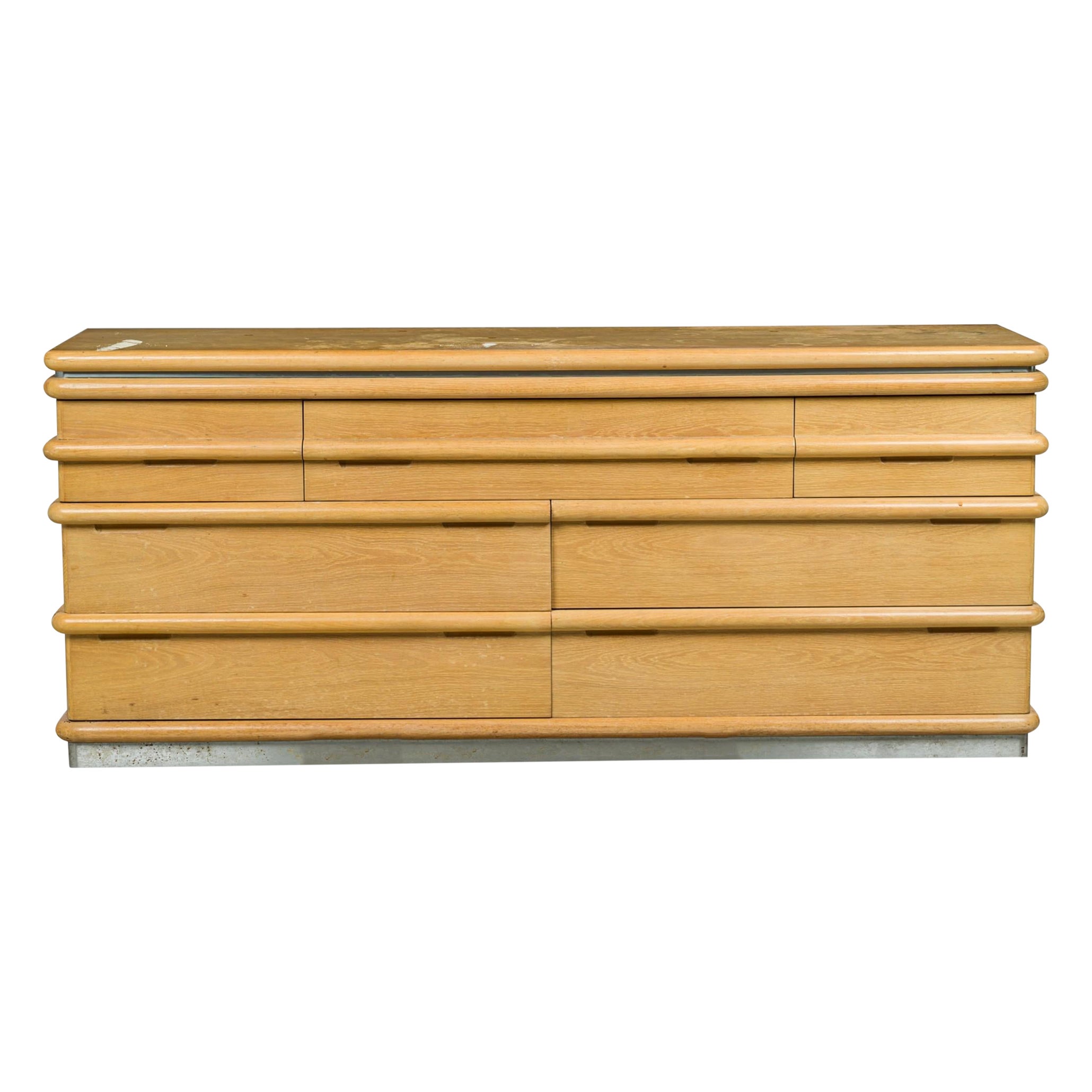 Jay Spectre American Modern White Oak and Chrome Ribbed Chest of Drawers For Sale