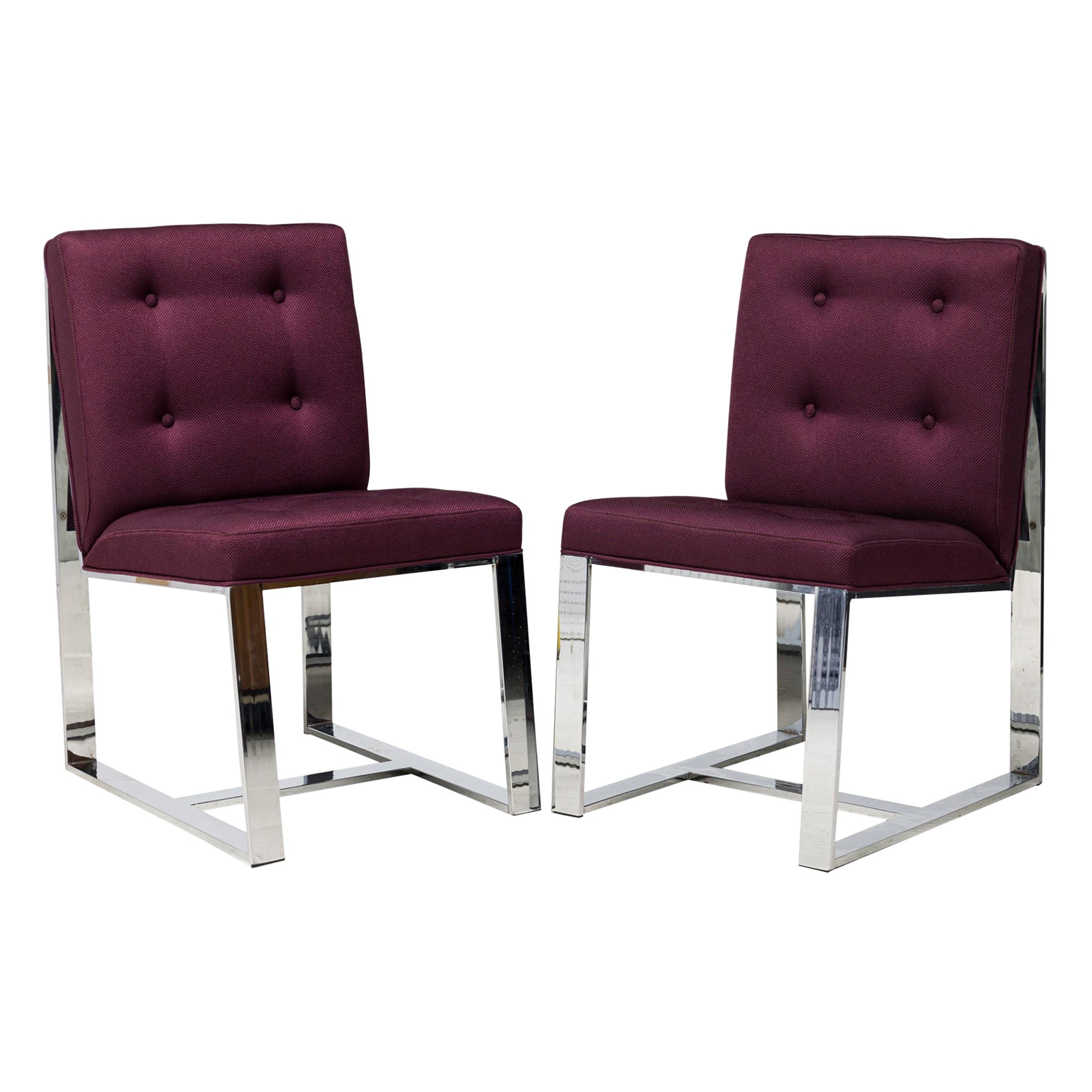 Set of 10 Milo Baughman American Polished Steel & Purple Upholstered Side Chairs