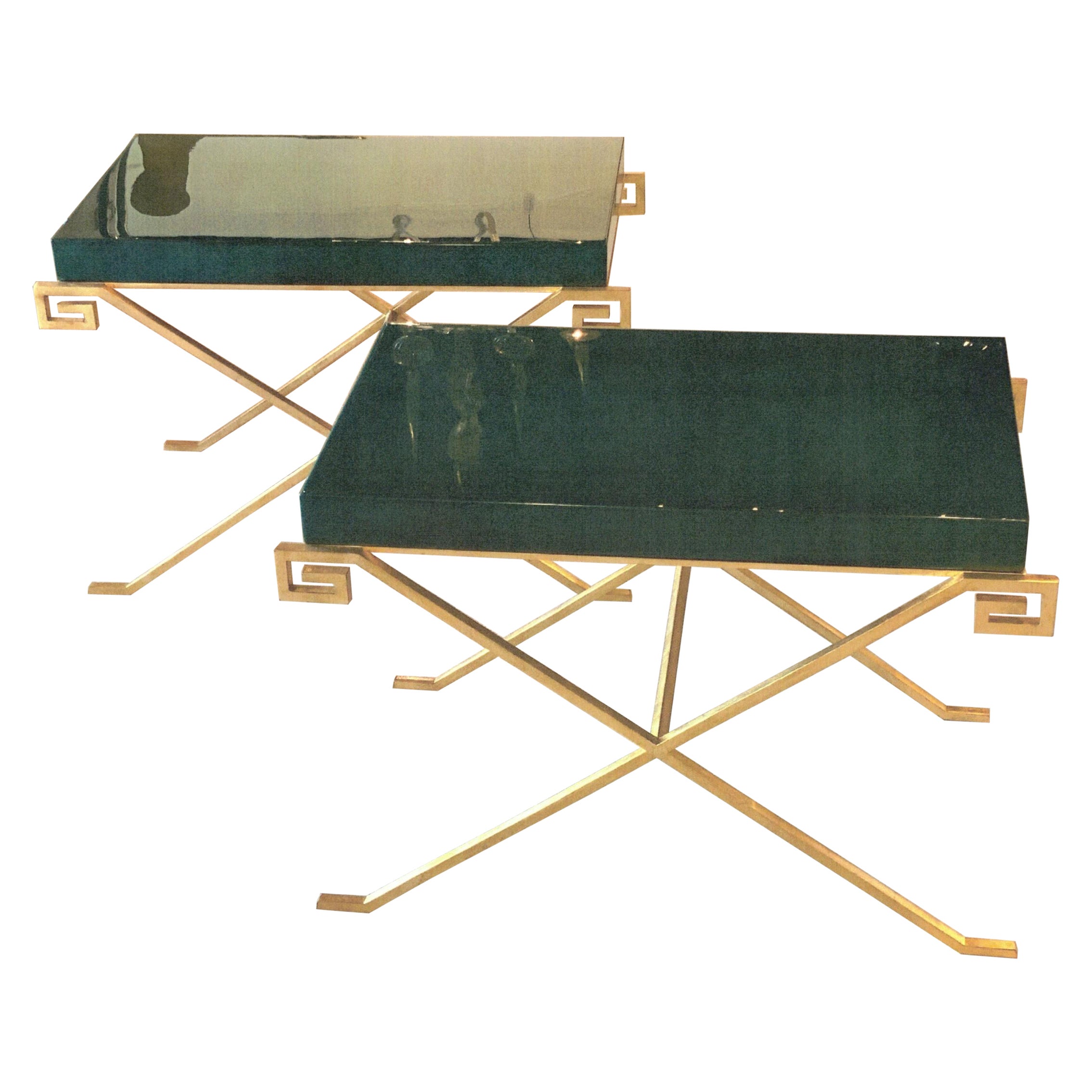 Pair of Karl Springer Ltd. American JMF Greek Key Tables w/Emerald Goatskin Tops