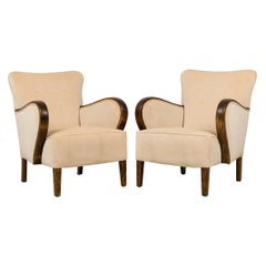 Pair of Mid-Century Danish Art Deco Style Beige Upholstered Beechwood Armchairs