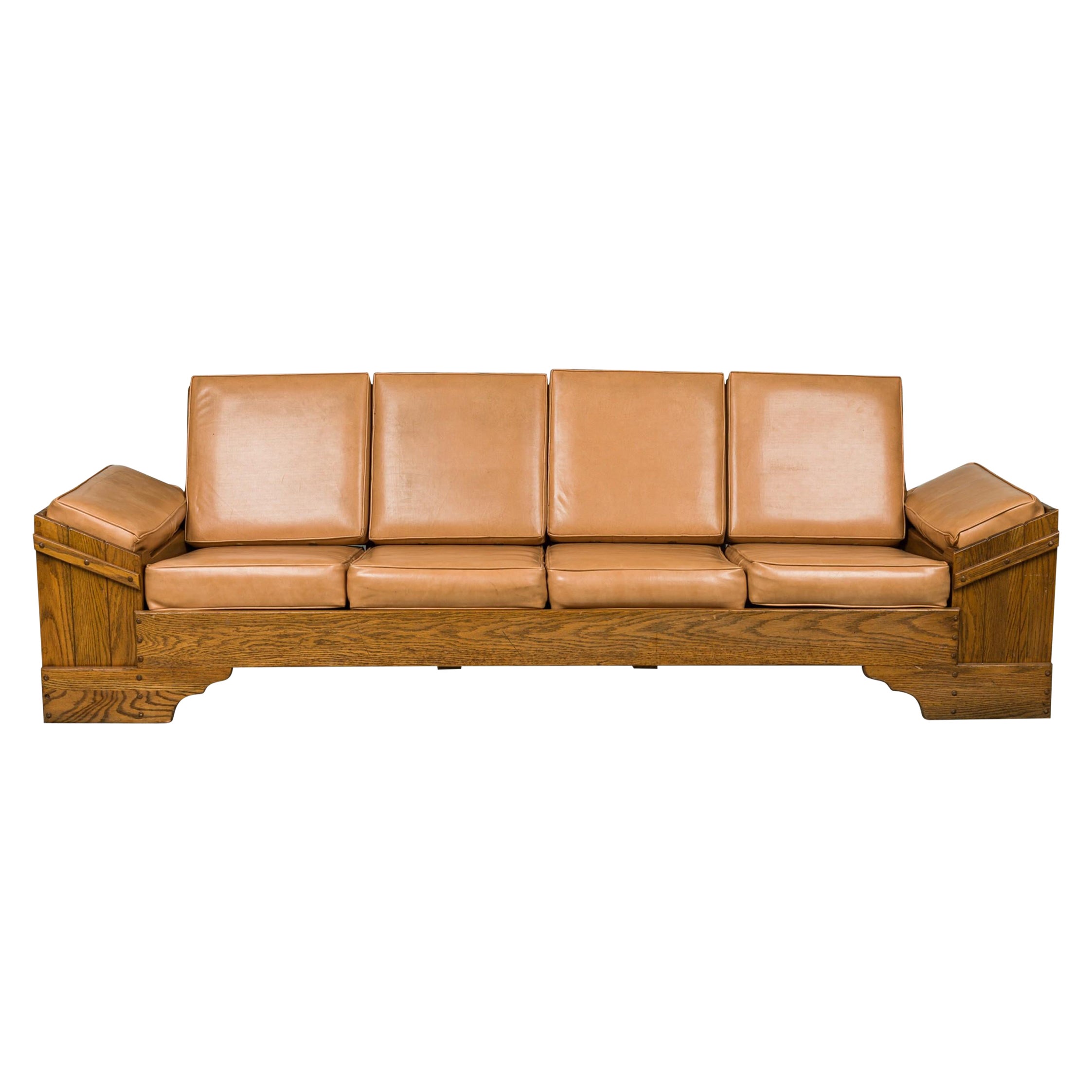 Rustic Old Hickory Wood and Tan Leather Settee For Sale