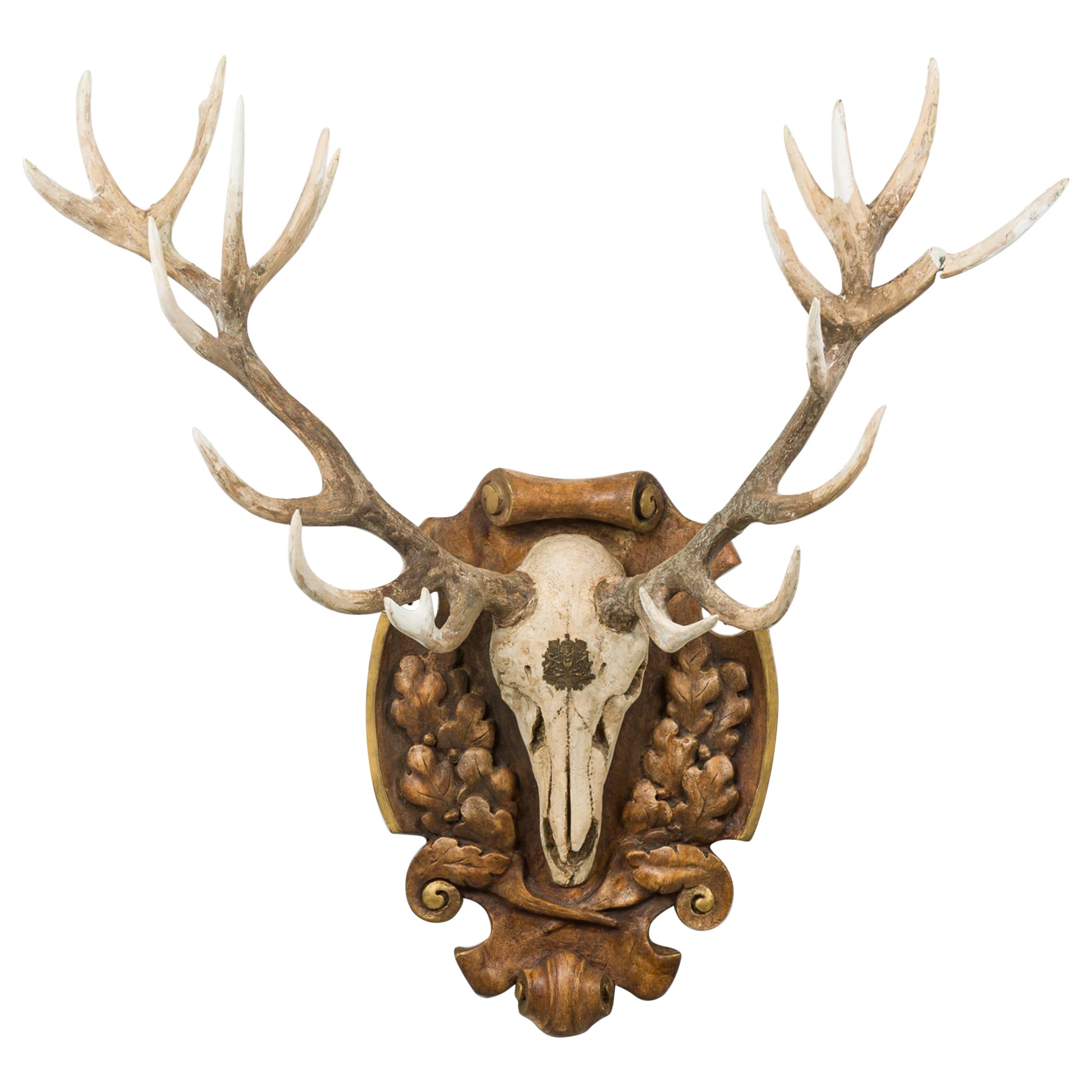 Continental Rustic Wall Plaque Featuring an Elk Skull with a Painted Insignia For Sale