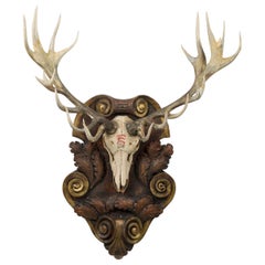 Vintage Continental Rustic Wall Plaque of Elk Head with Red Painted E on Curved Plaque