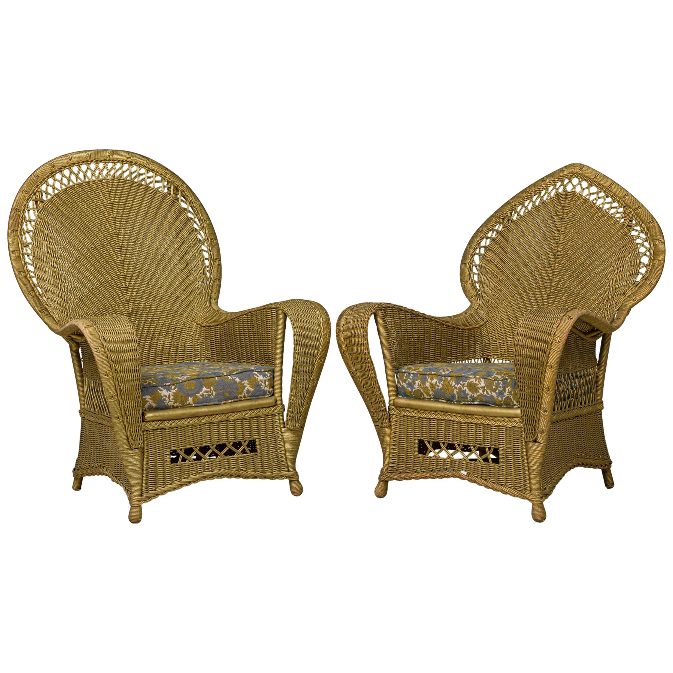 Pair of Similar Art Deco Gold Painted Paper Cord Wicker Armchairs
